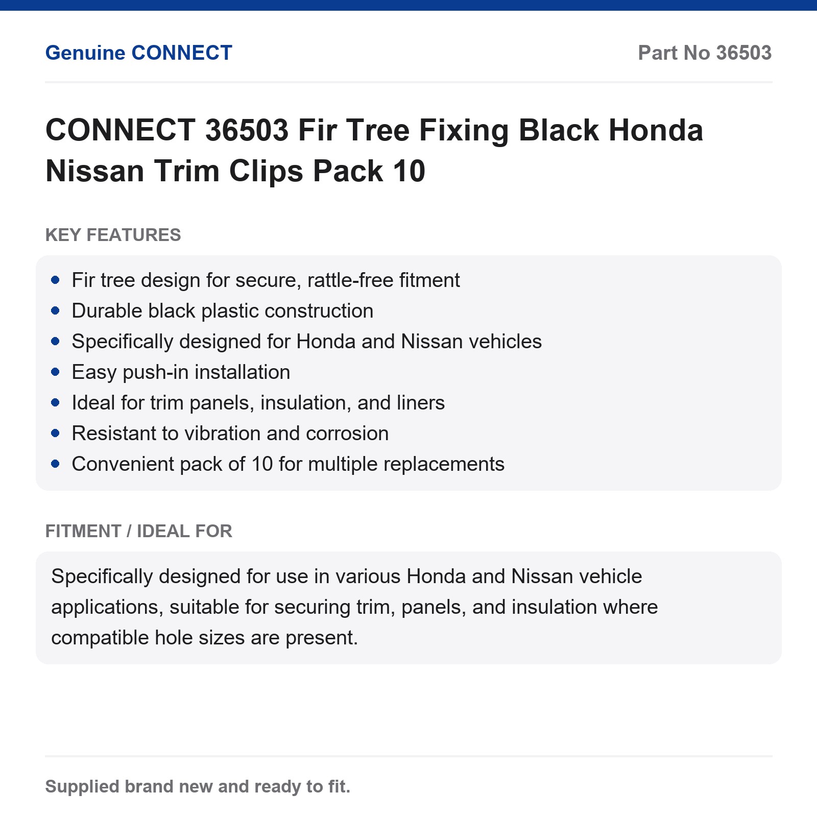 CONNECT 36503 Honda Nissan Trim Clips Fir Tree Fixing Black Pack 10 - Image 6