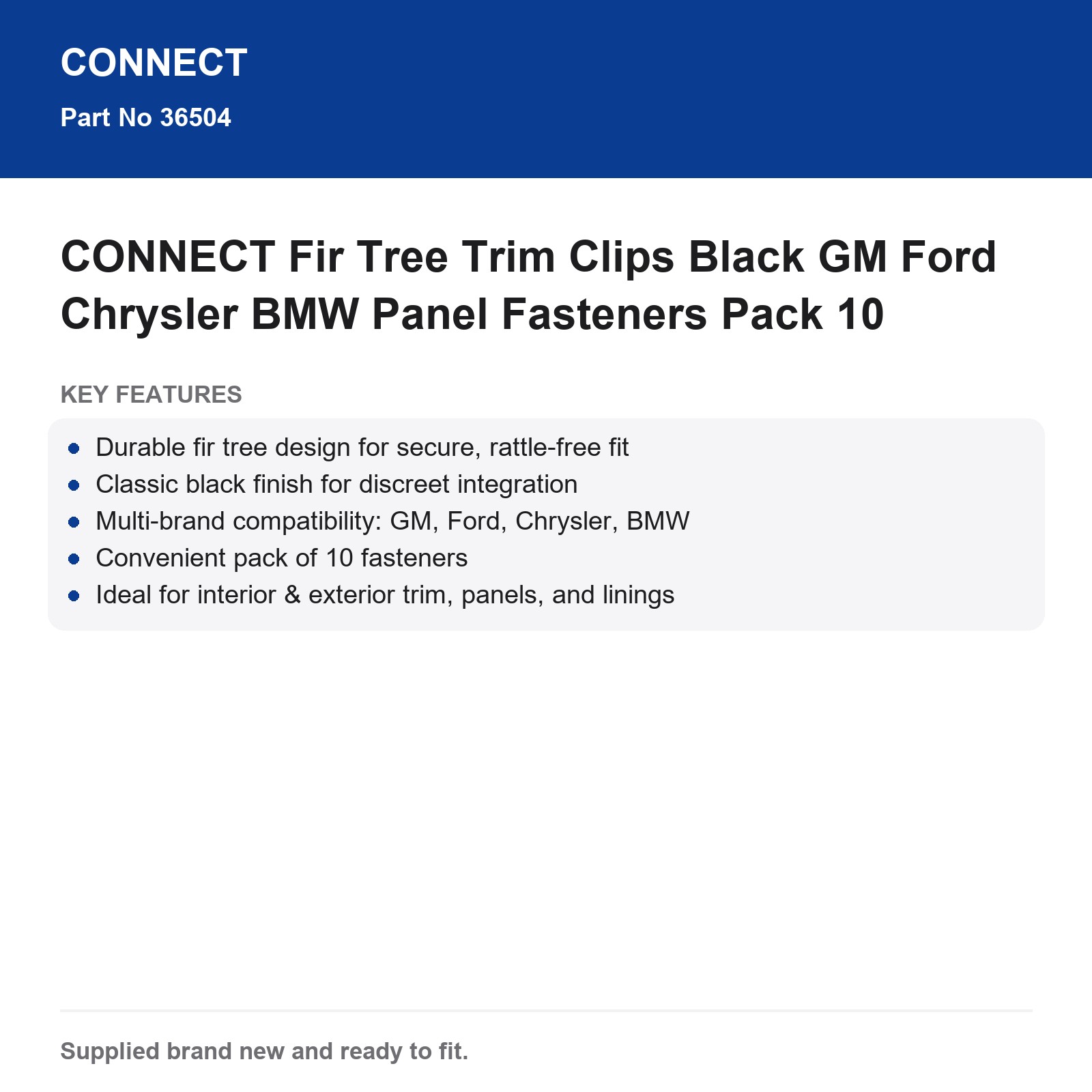CONNECT Fir Tree Trim Clips Black GM Ford Chrysler BMW Panel Fasteners Pack 10 - Image 8