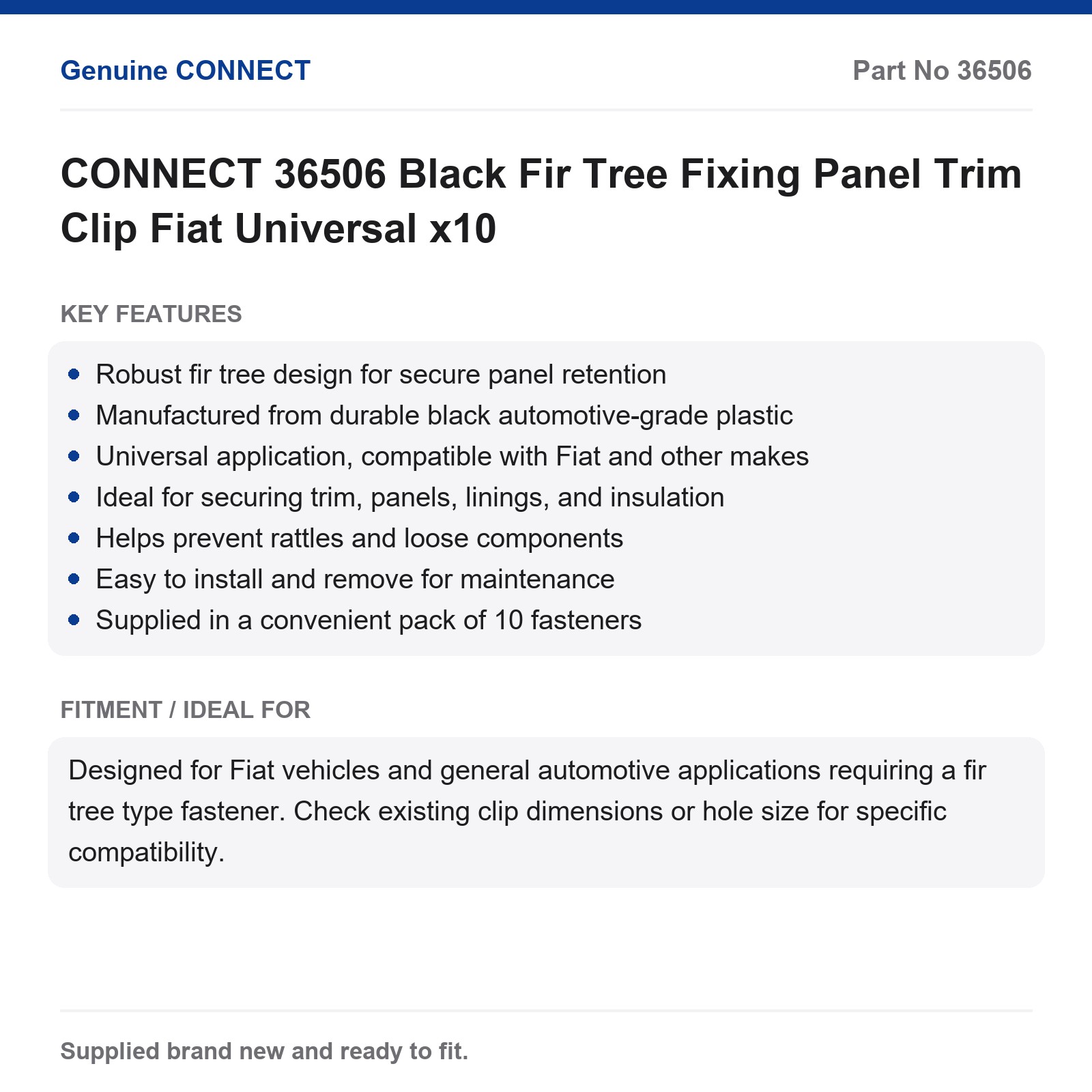 CONNECT 36506 Black Fir Tree Fixing Panel Trim Clip Fiat Universal x10 - Image 5
