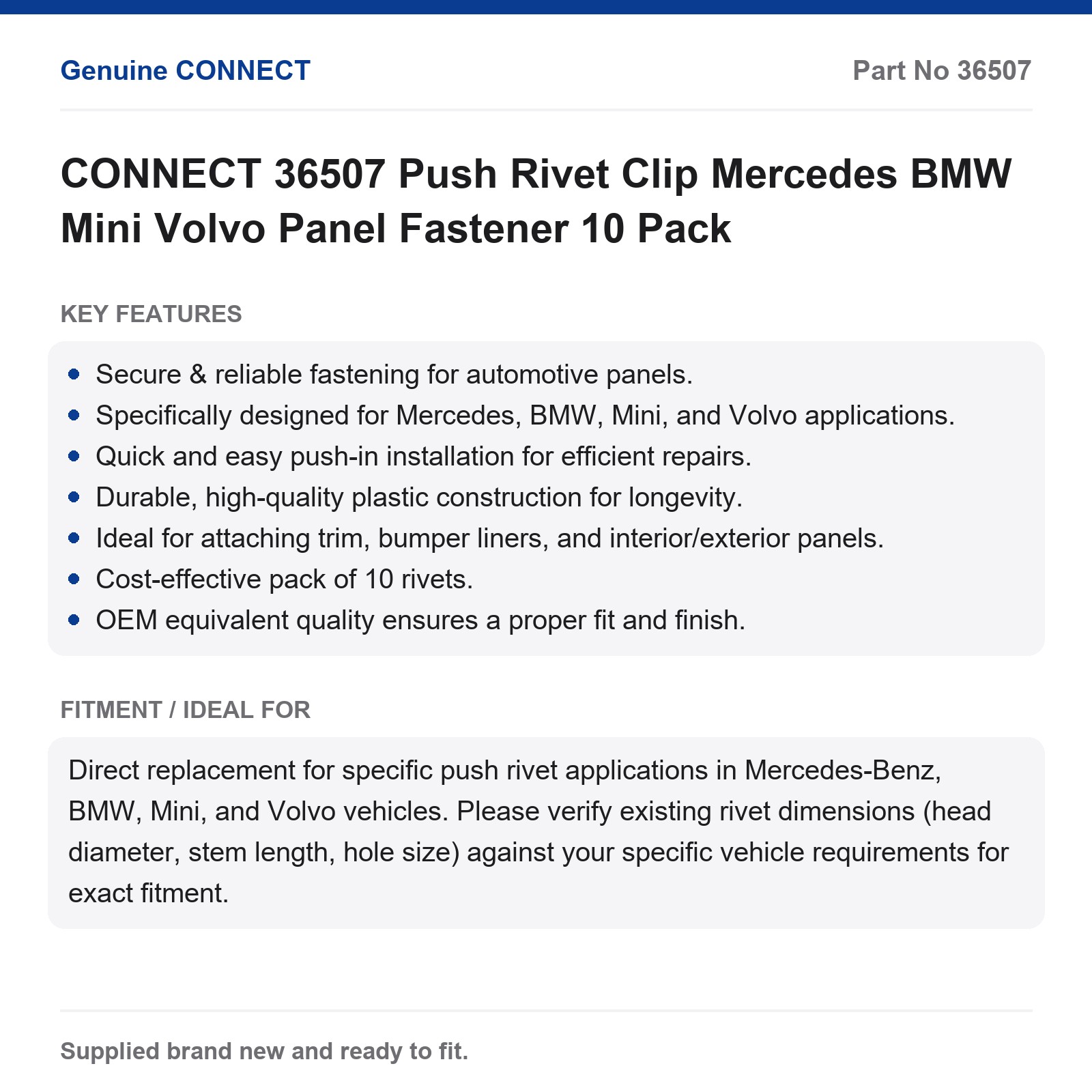 CONNECT 36507 Push Rivet Clip Mercedes BMW Mini Volvo Panel Fastener 10 Pack - Image 5