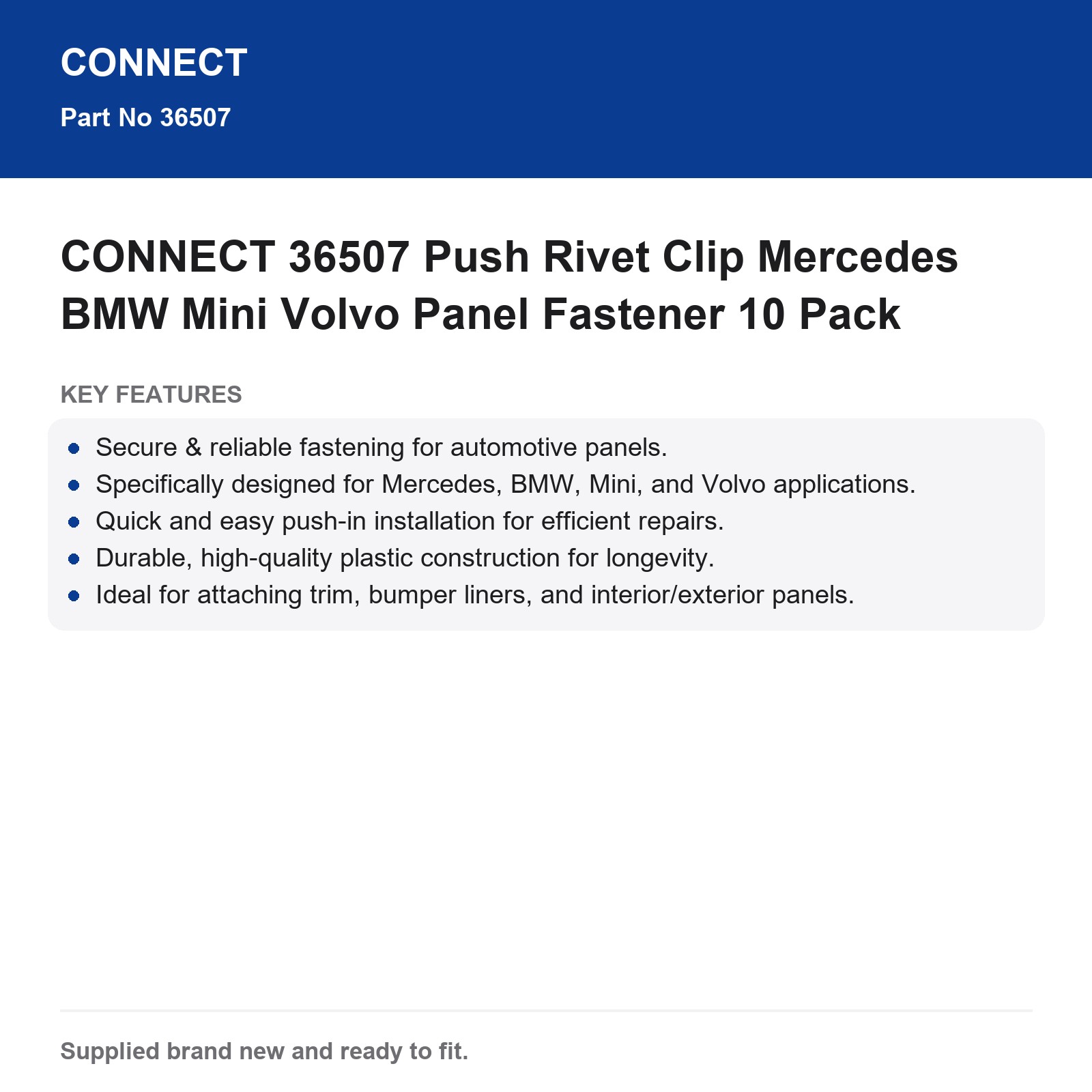 CONNECT 36507 Push Rivet Clip Mercedes BMW Mini Volvo Panel Fastener 10 Pack - Image 6