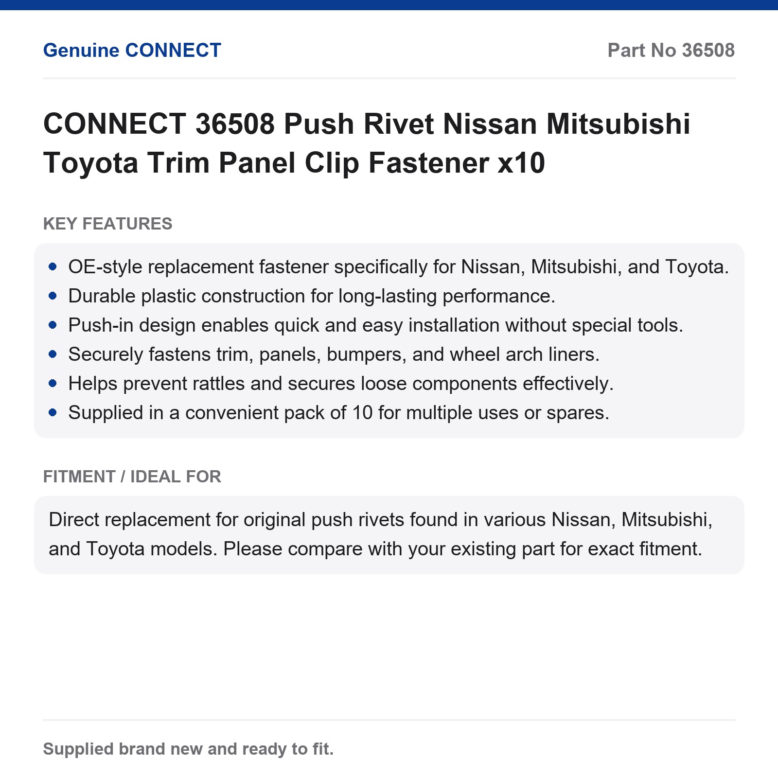 Nissan Mitsubishi Toyota Trim Panel Clip Fastener Push Rivet CONNECT 36508 x10 - Image 7