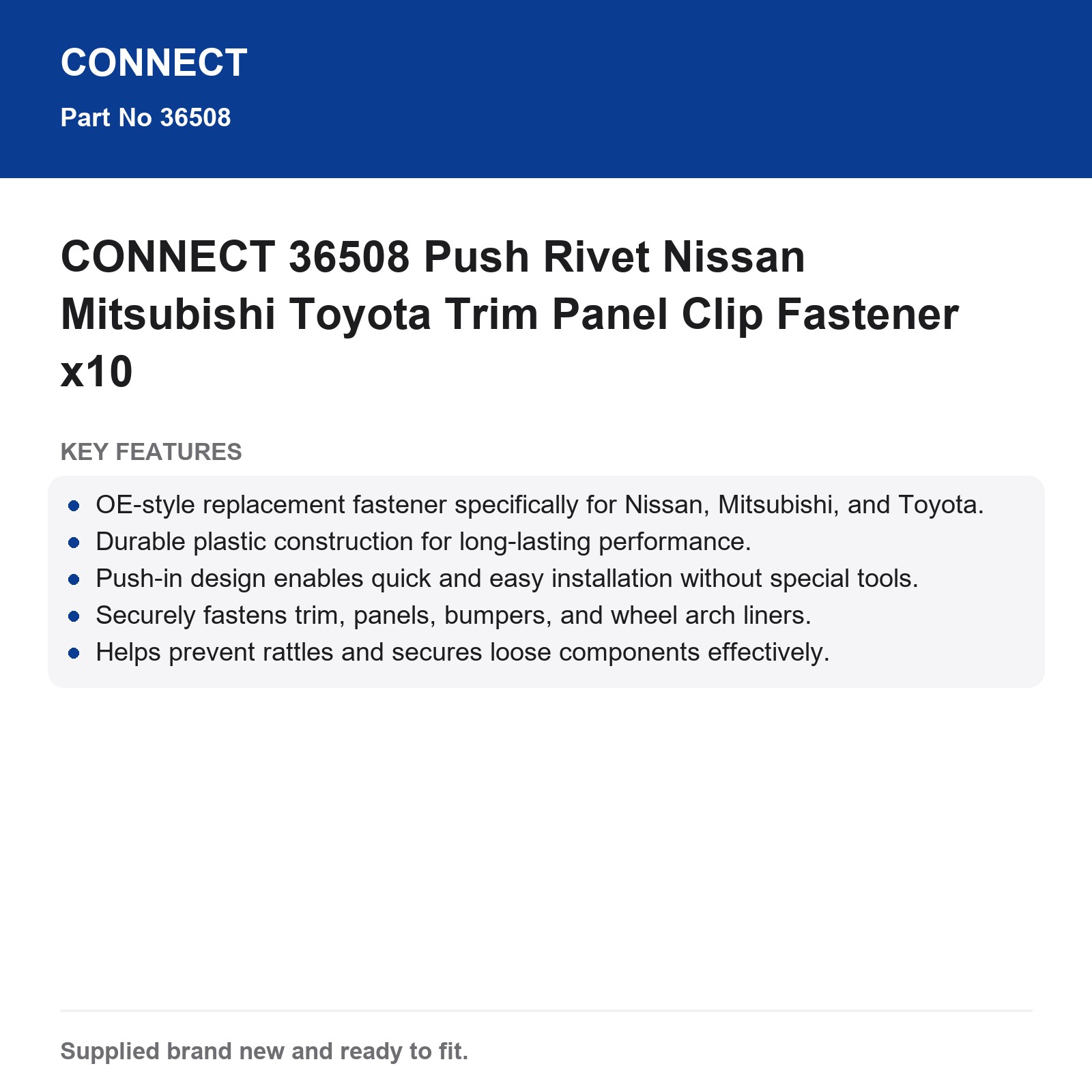 Nissan Mitsubishi Toyota Trim Panel Clip Fastener Push Rivet CONNECT 36508 x10 - Image 8