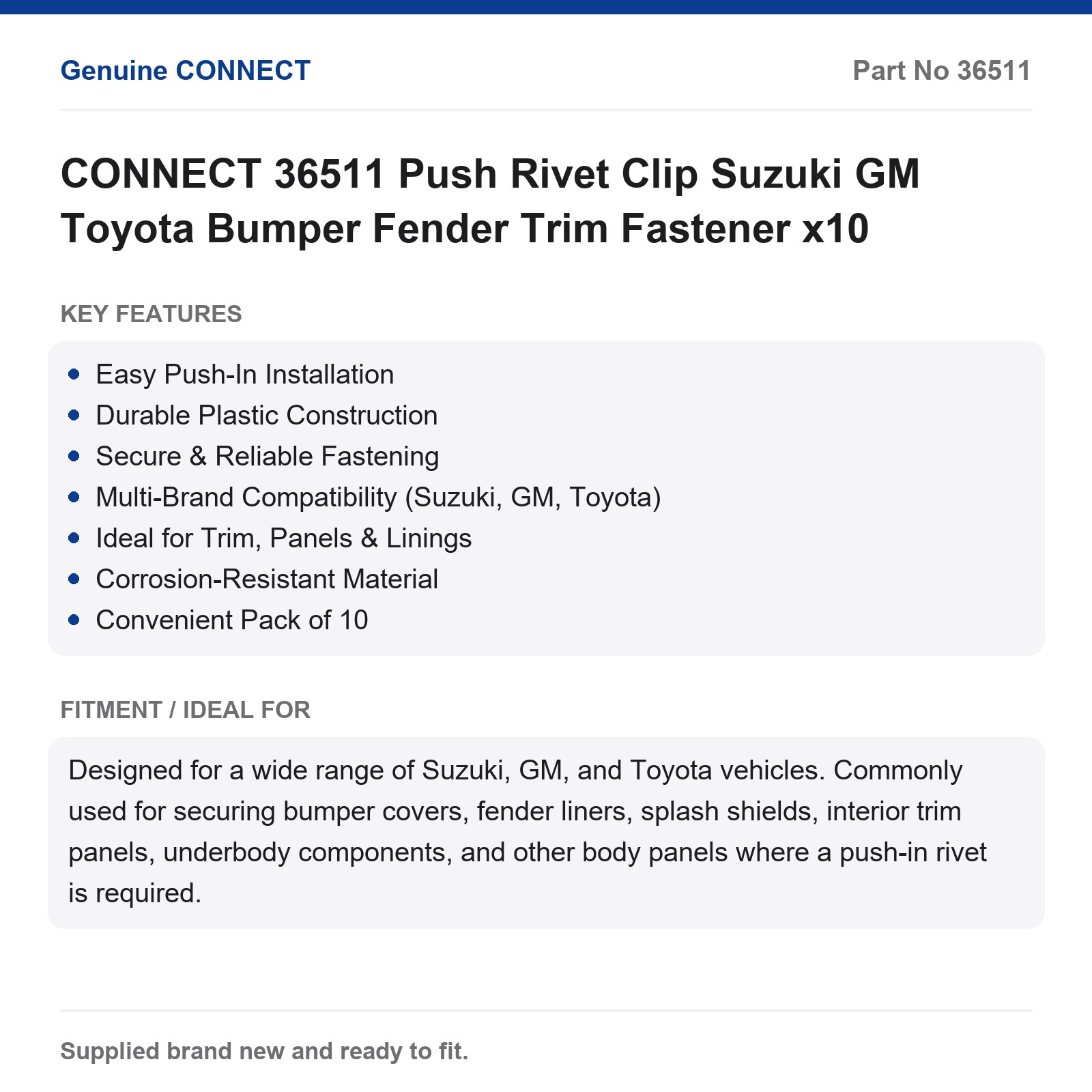 CONNECT 36511 Push Rivet Clip Suzuki GM Toyota Bumper Fender Trim Fastener x10 - Image 5