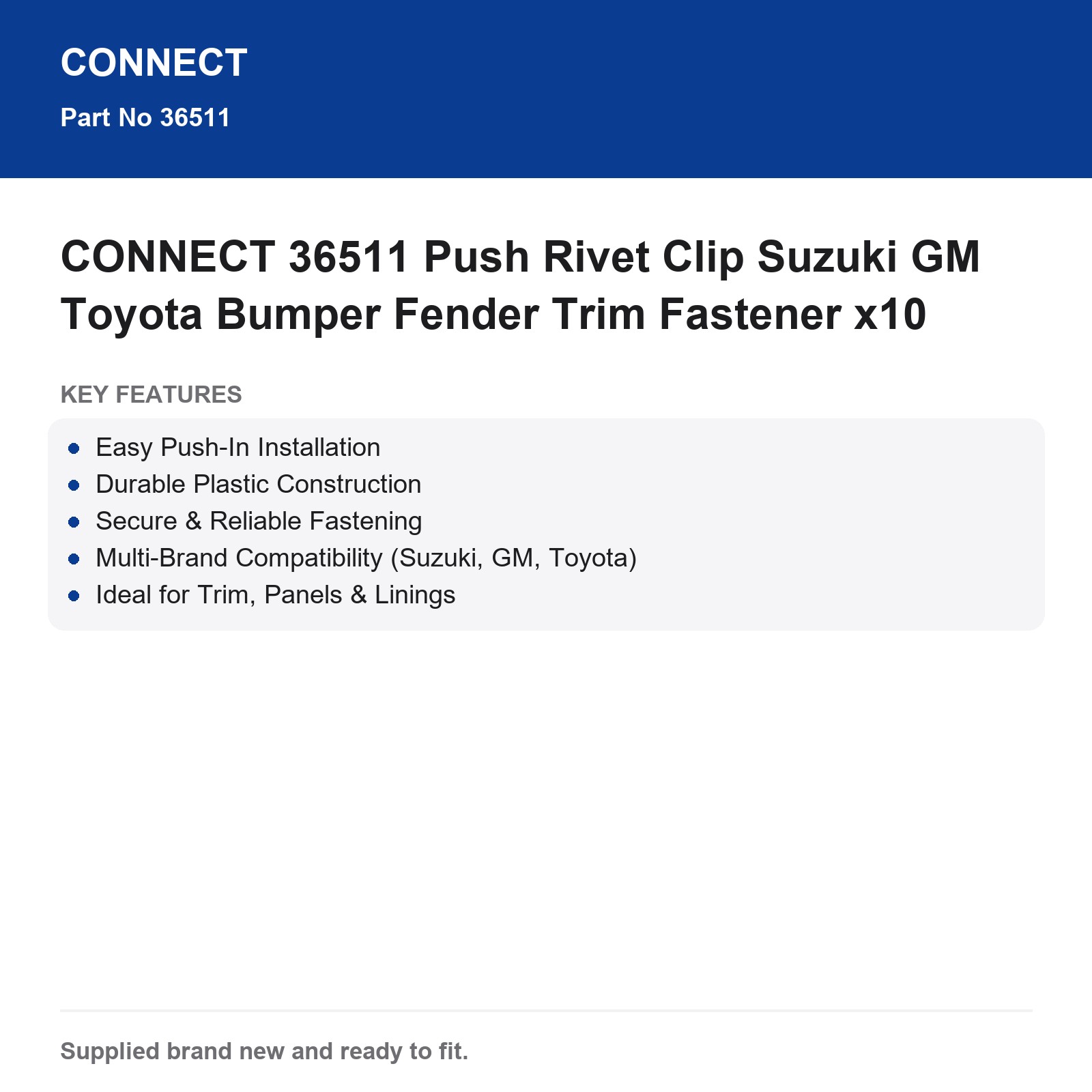 CONNECT 36511 Push Rivet Clip Suzuki GM Toyota Bumper Fender Trim Fastener x10 - Image 6