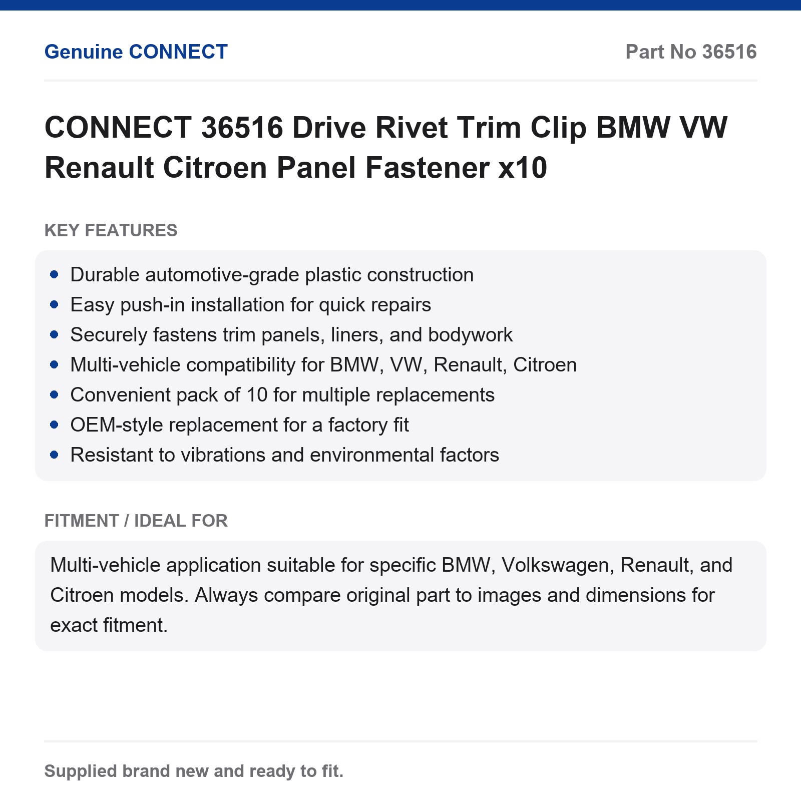 CONNECT 36516 Trim Clip Drive Rivet BMW VW Renault Citroen Body Panel x10 - Image 7