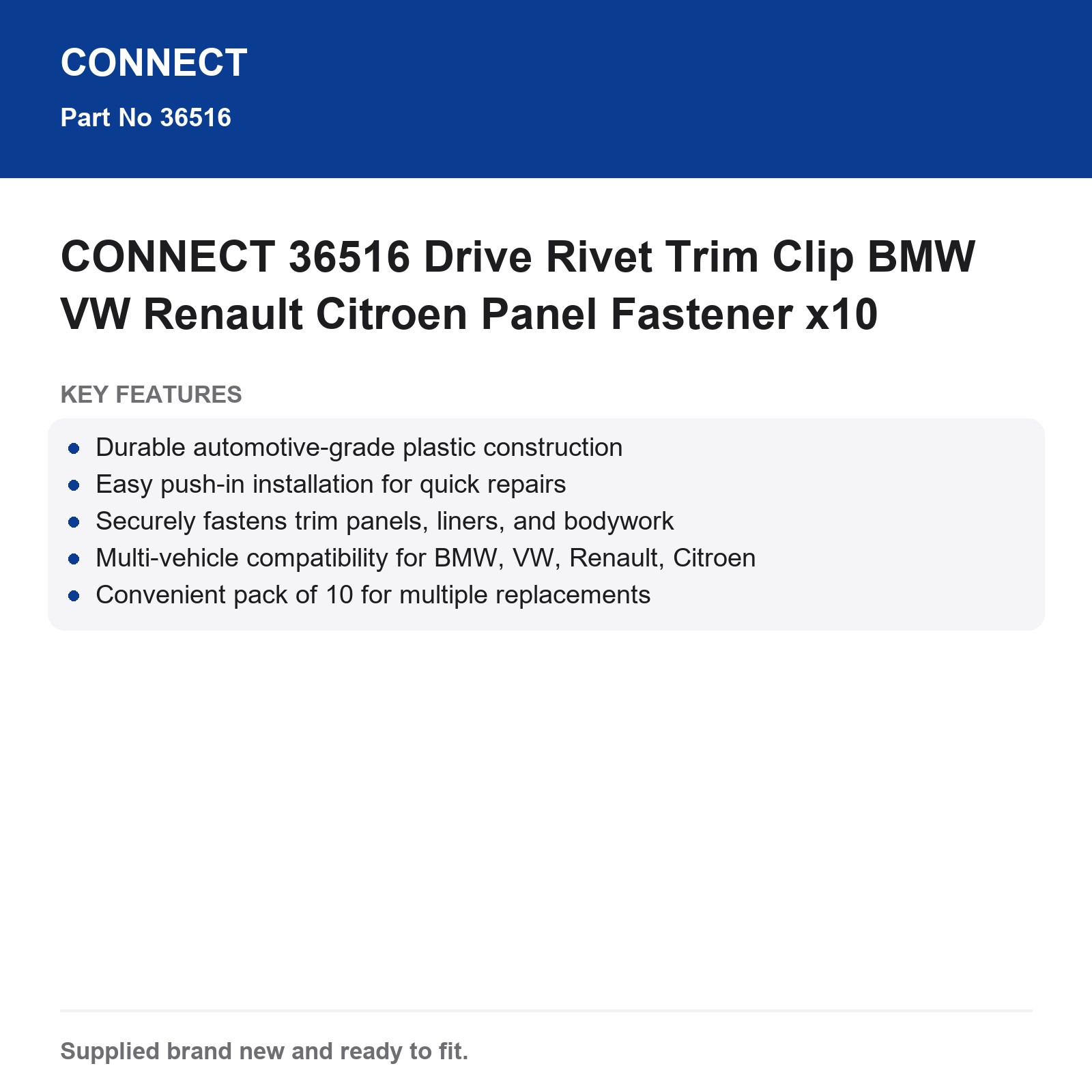 CONNECT 36516 Trim Clip Drive Rivet BMW VW Renault Citroen Body Panel x10 - Image 8
