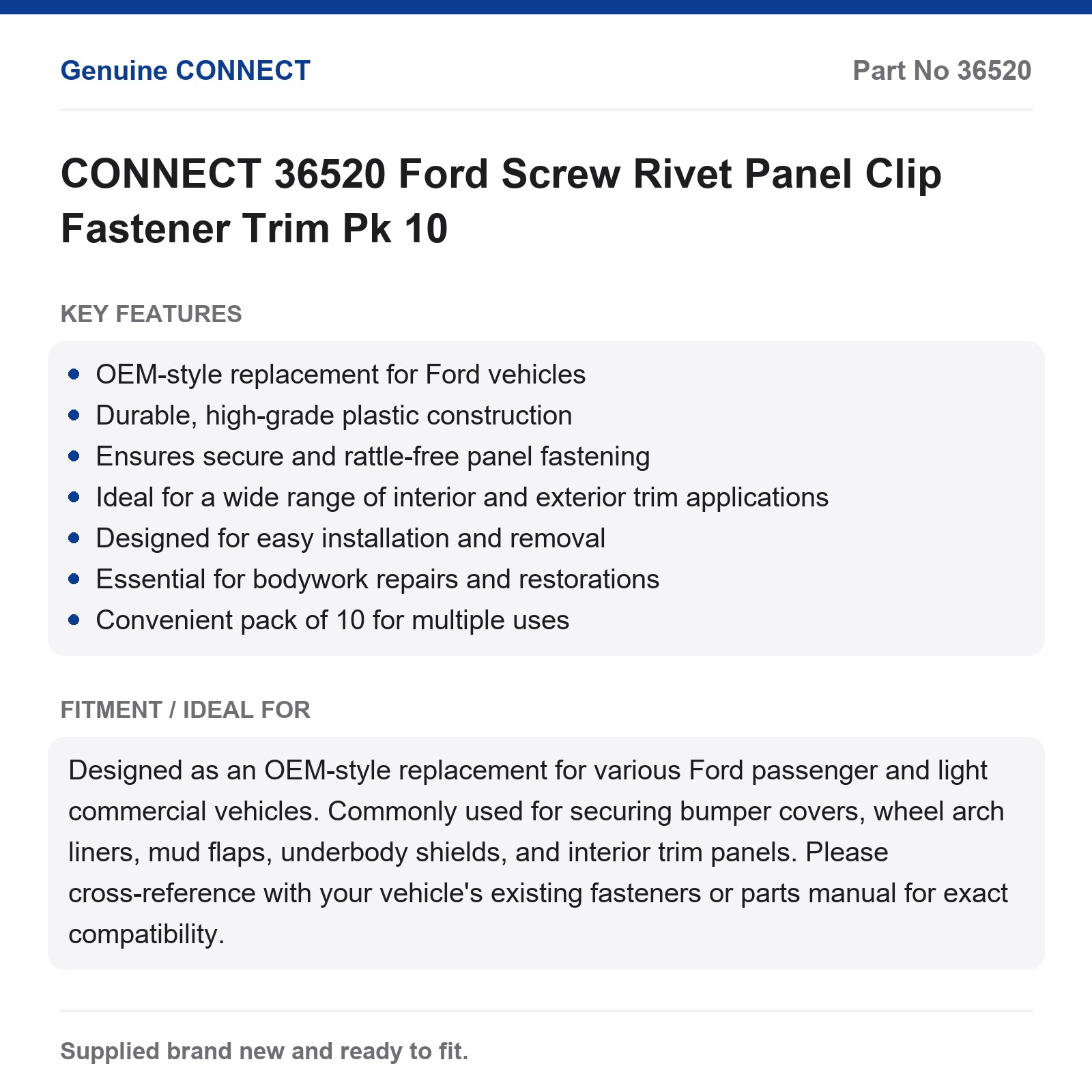 CONNECT 36520 Ford Screw Rivet Panel Clip Fastener Trim Pk 10 - Image 7