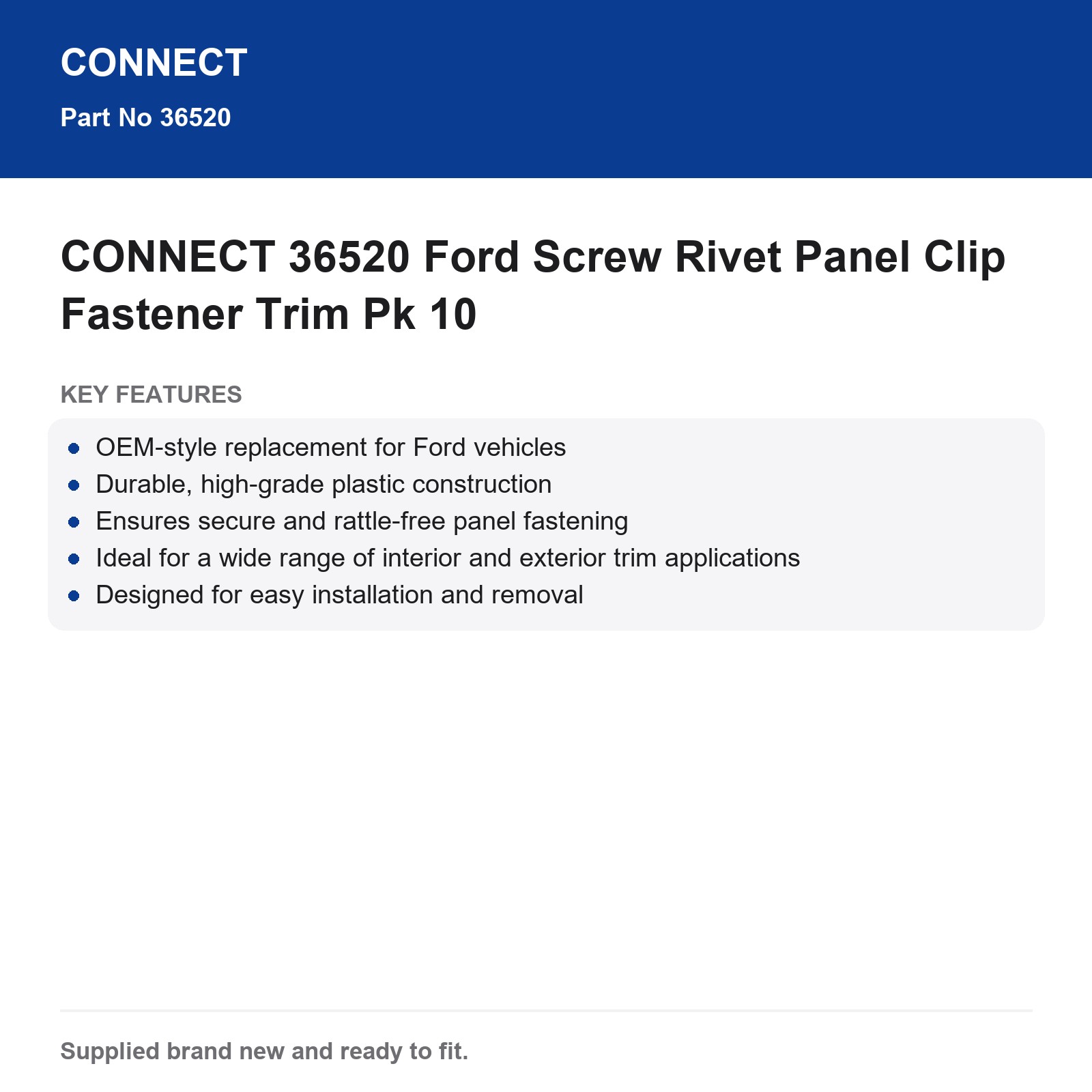 CONNECT 36520 Ford Screw Rivet Panel Clip Fastener Trim Pk 10 - Image 8