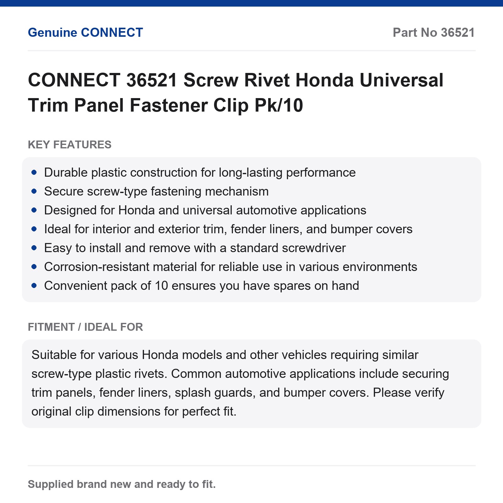 CONNECT 36521 Screw Rivet Honda Universal Trim Panel Fastener Clip Pk/10 - Image 7