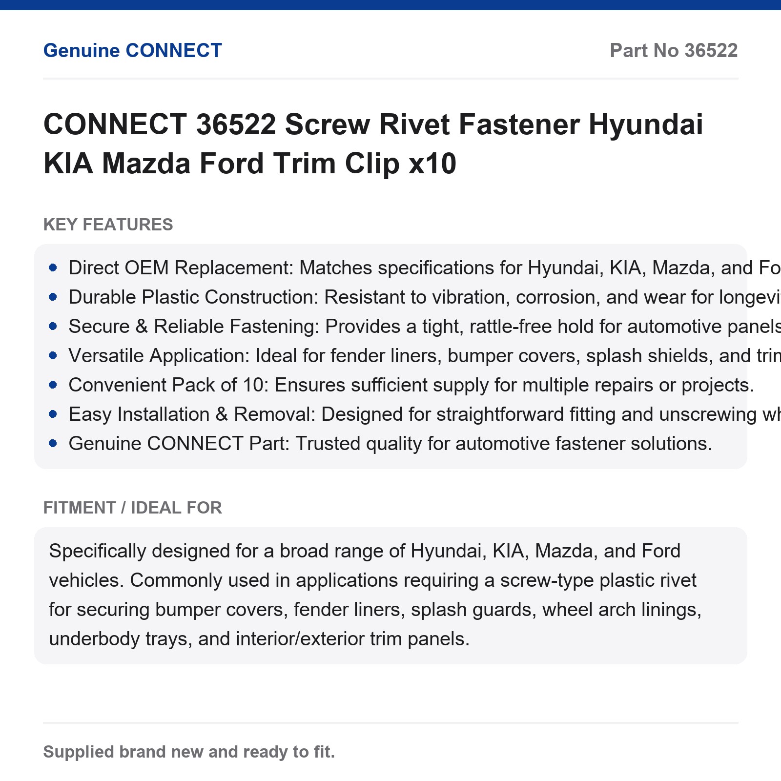 CONNECT 36522 Screw Rivet Trim Clip Hyundai KIA Mazda Ford x10 - Image 7