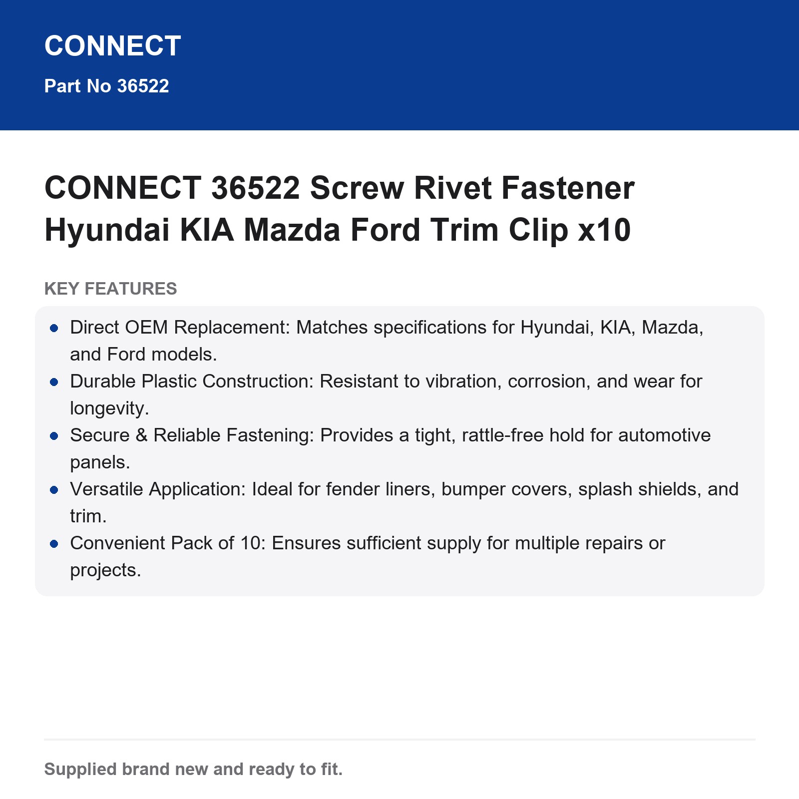 CONNECT 36522 Screw Rivet Trim Clip Hyundai KIA Mazda Ford x10 - Image 8