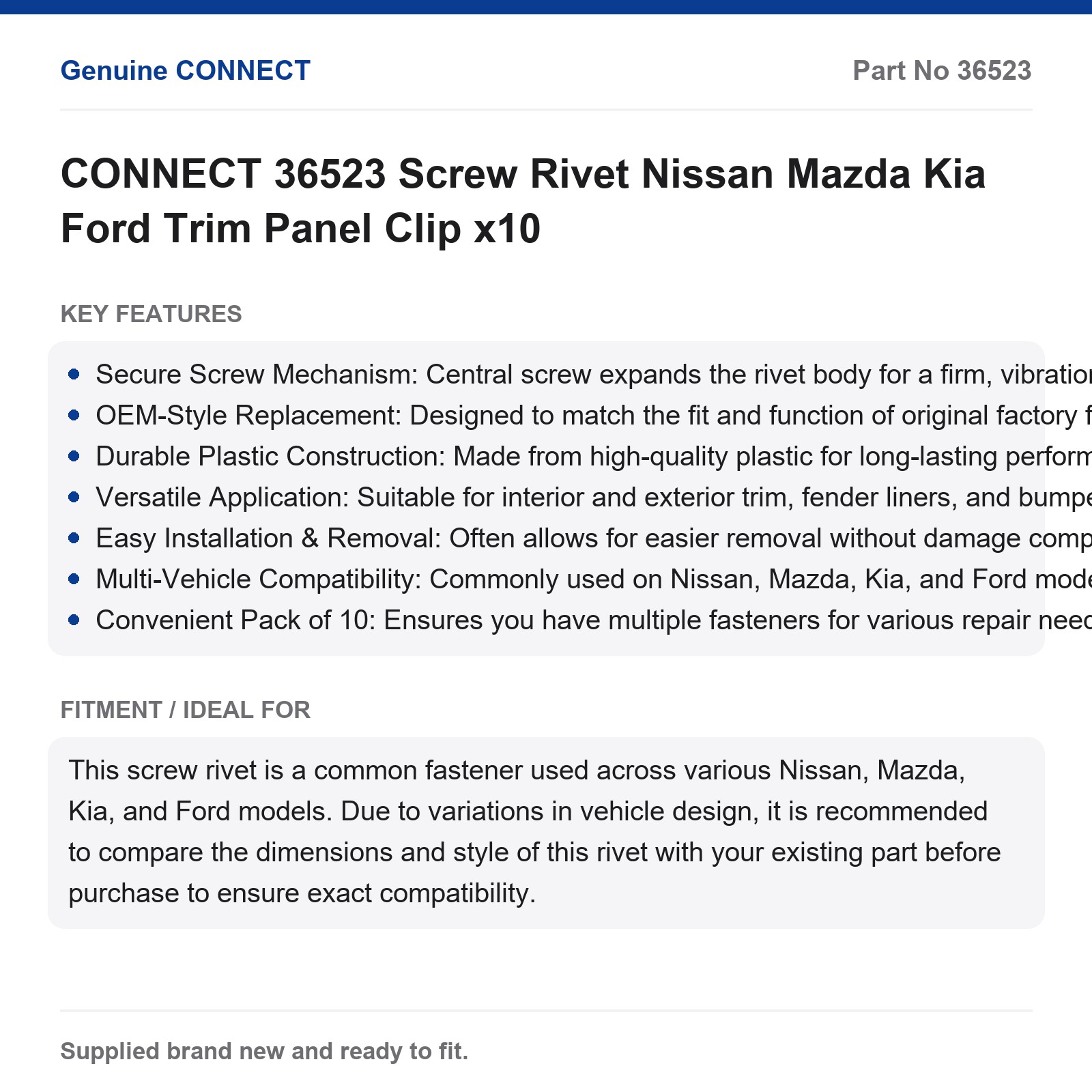 CONNECT 36523 Screw Rivet Nissan Mazda Kia Ford Trim Panel Clip x10 - Image 6