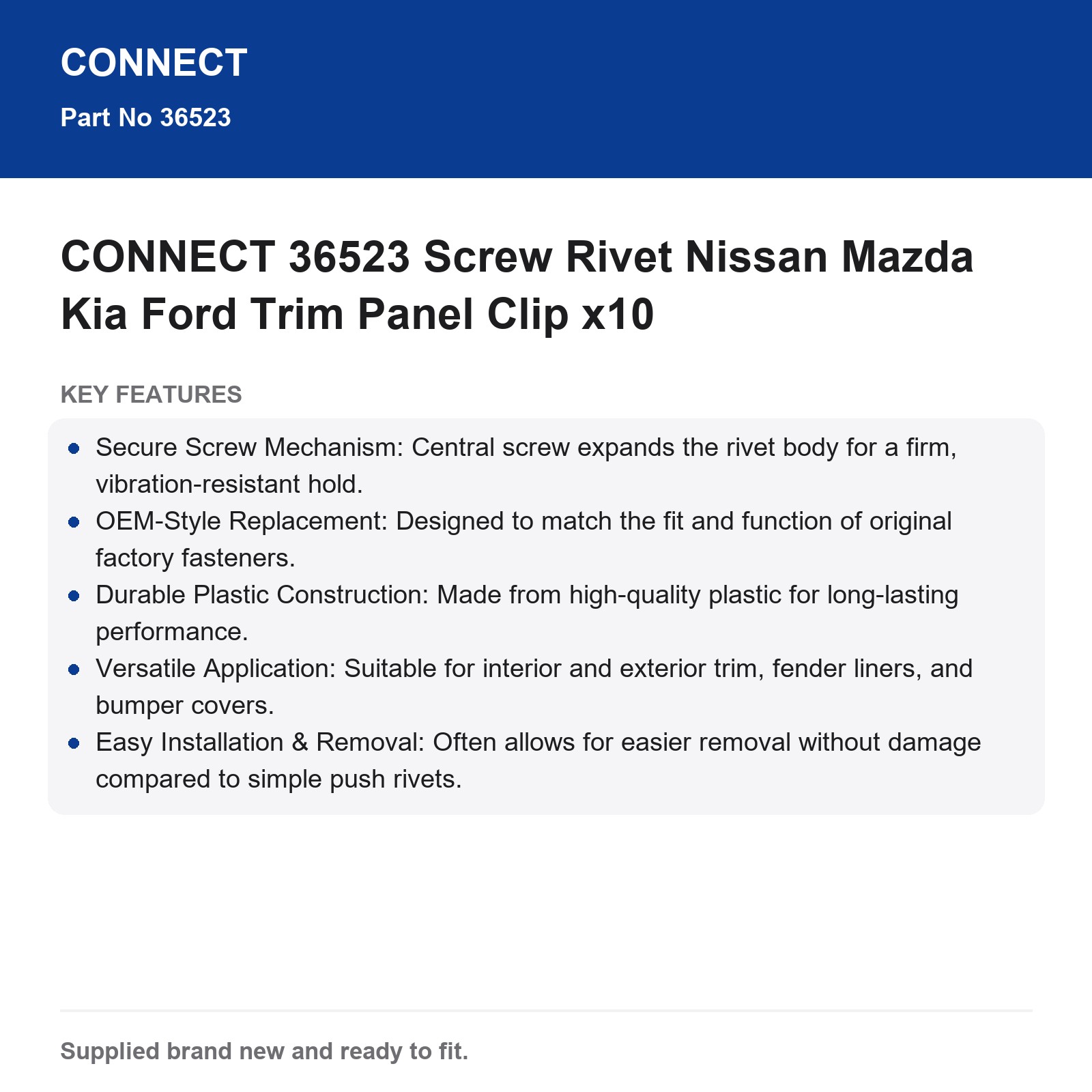 CONNECT 36523 Screw Rivet Nissan Mazda Kia Ford Trim Panel Clip x10 - Image 7