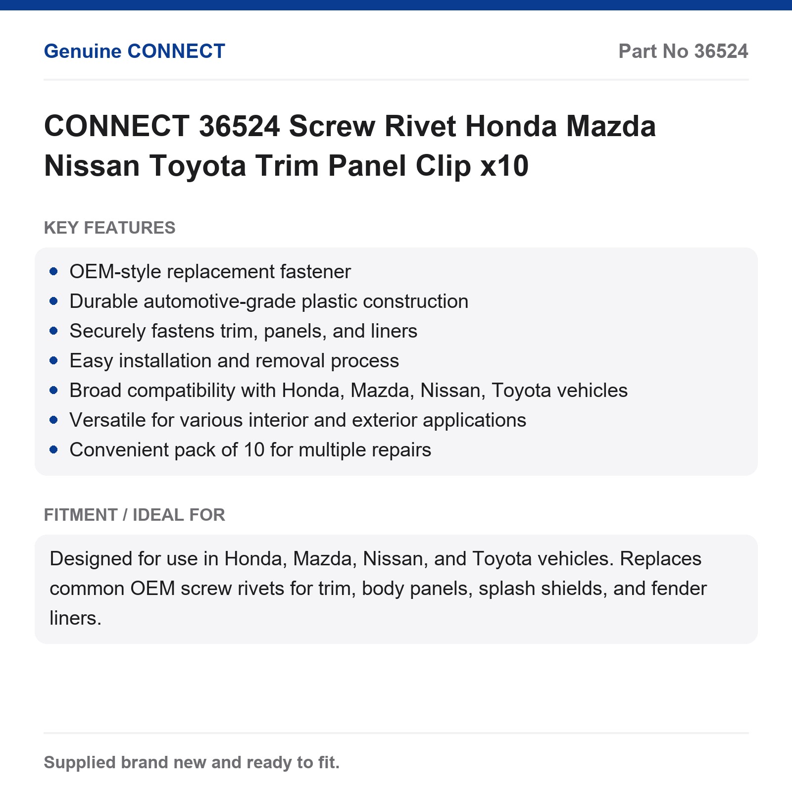 CONNECT 36524 Trim Panel Clip Screw Rivet Honda Mazda Nissan Toyota x10 - Image 7