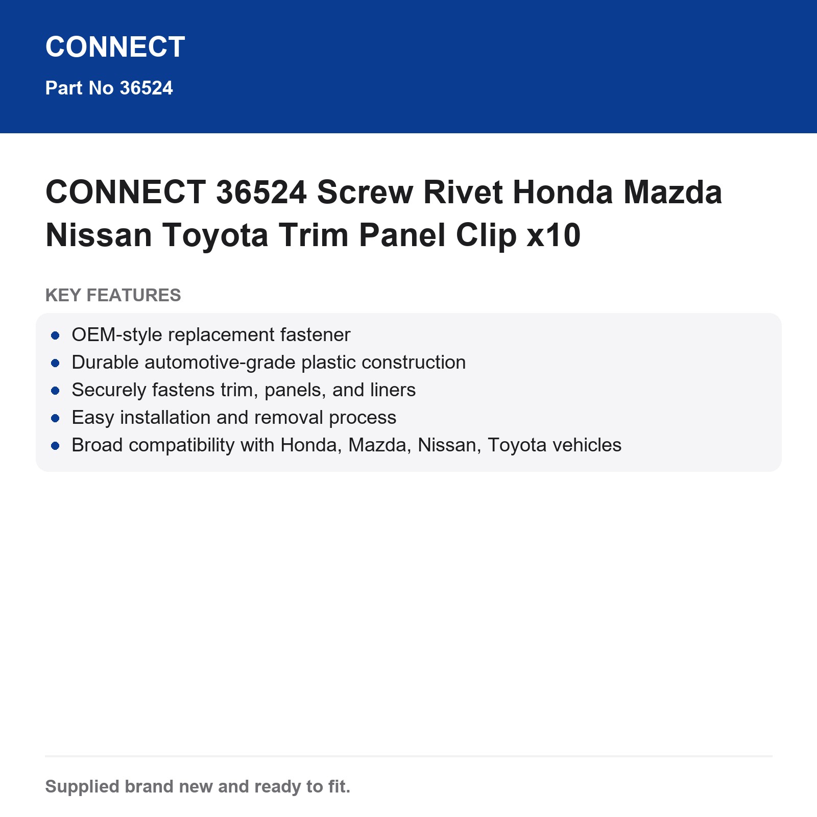 CONNECT 36524 Trim Panel Clip Screw Rivet Honda Mazda Nissan Toyota x10 - Image 8