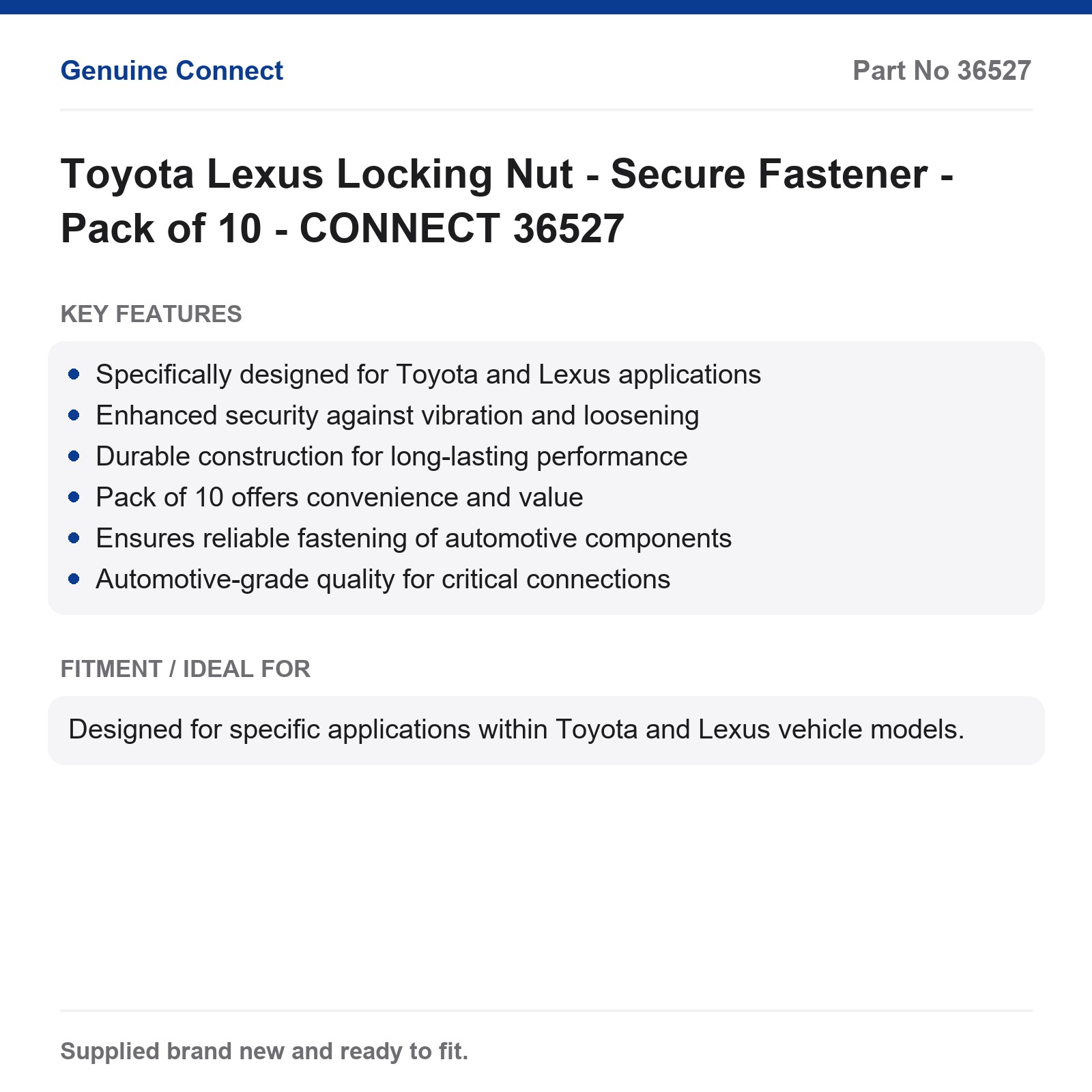 Toyota Lexus Locking Nut CONNECT 36527 - Pack of 10 - Image 7