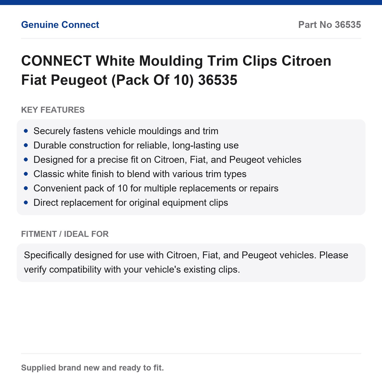 CONNECT White Moulding Trim Clips Citroen Fiat Peugeot (Pack Of 10) 36535 - Image 7