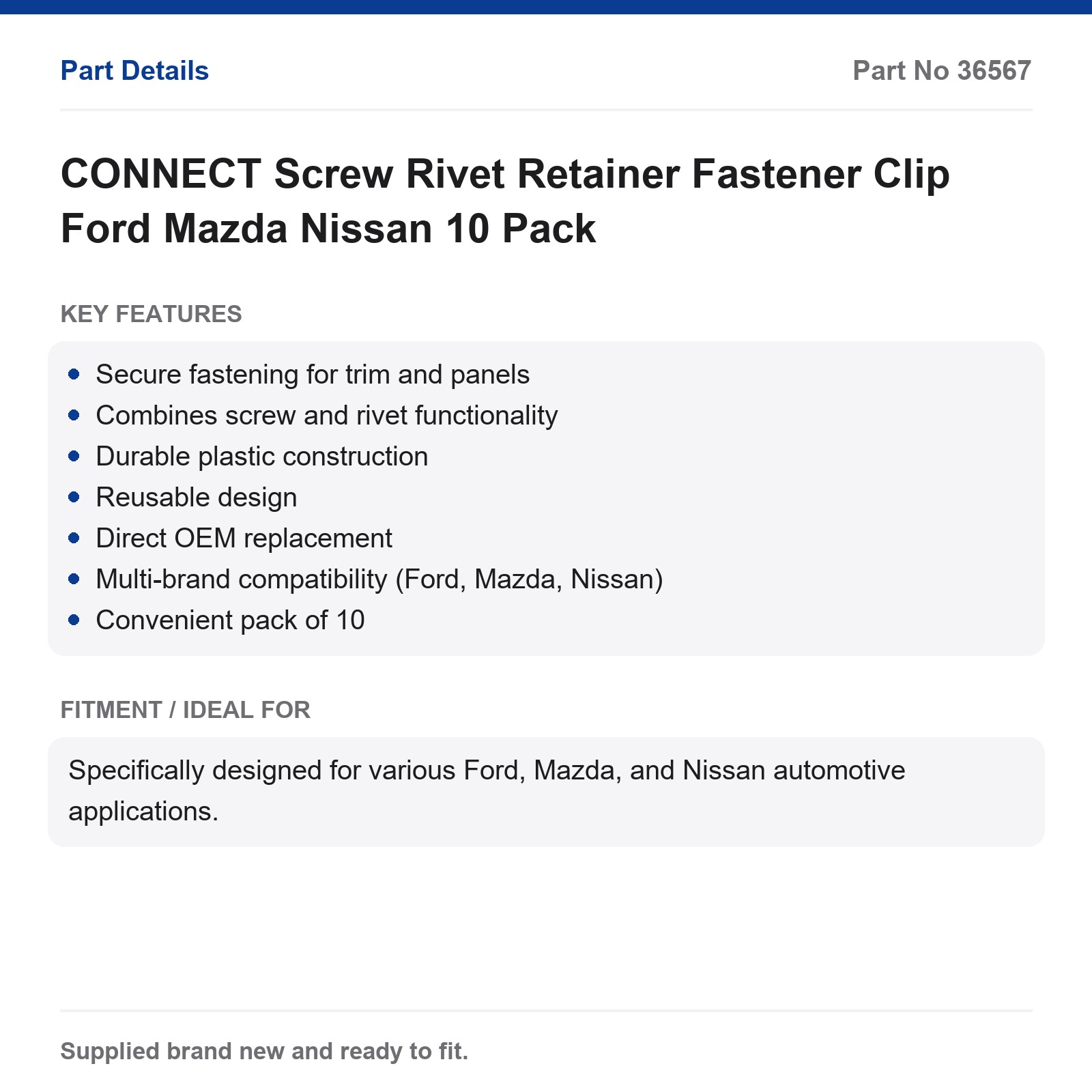 CONNECT Screw Rivet Retainer Fastener Clip Ford Mazda Nissan 10 Pack - Image 2