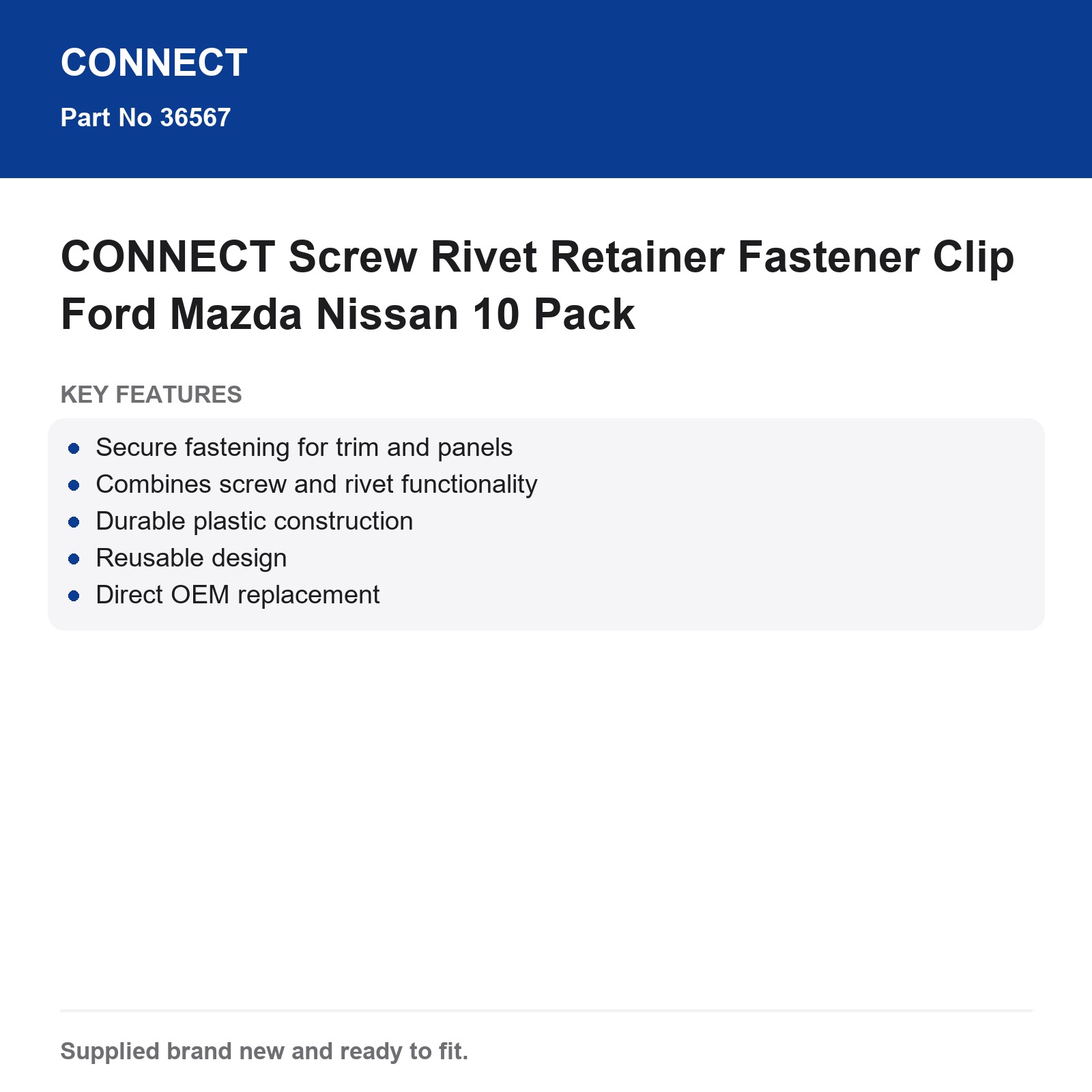 CONNECT Screw Rivet Retainer Fastener Clip Ford Mazda Nissan 10 Pack - Image 3