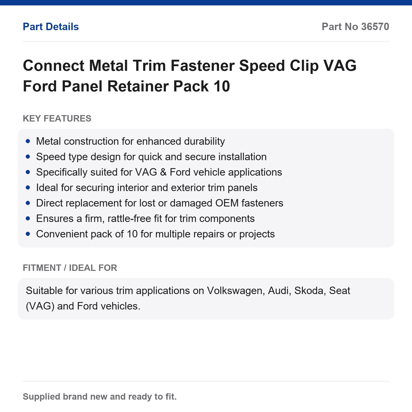 VAG Ford Metal Trim Fastener Speed Clip Connect Pack 10 - Image 2