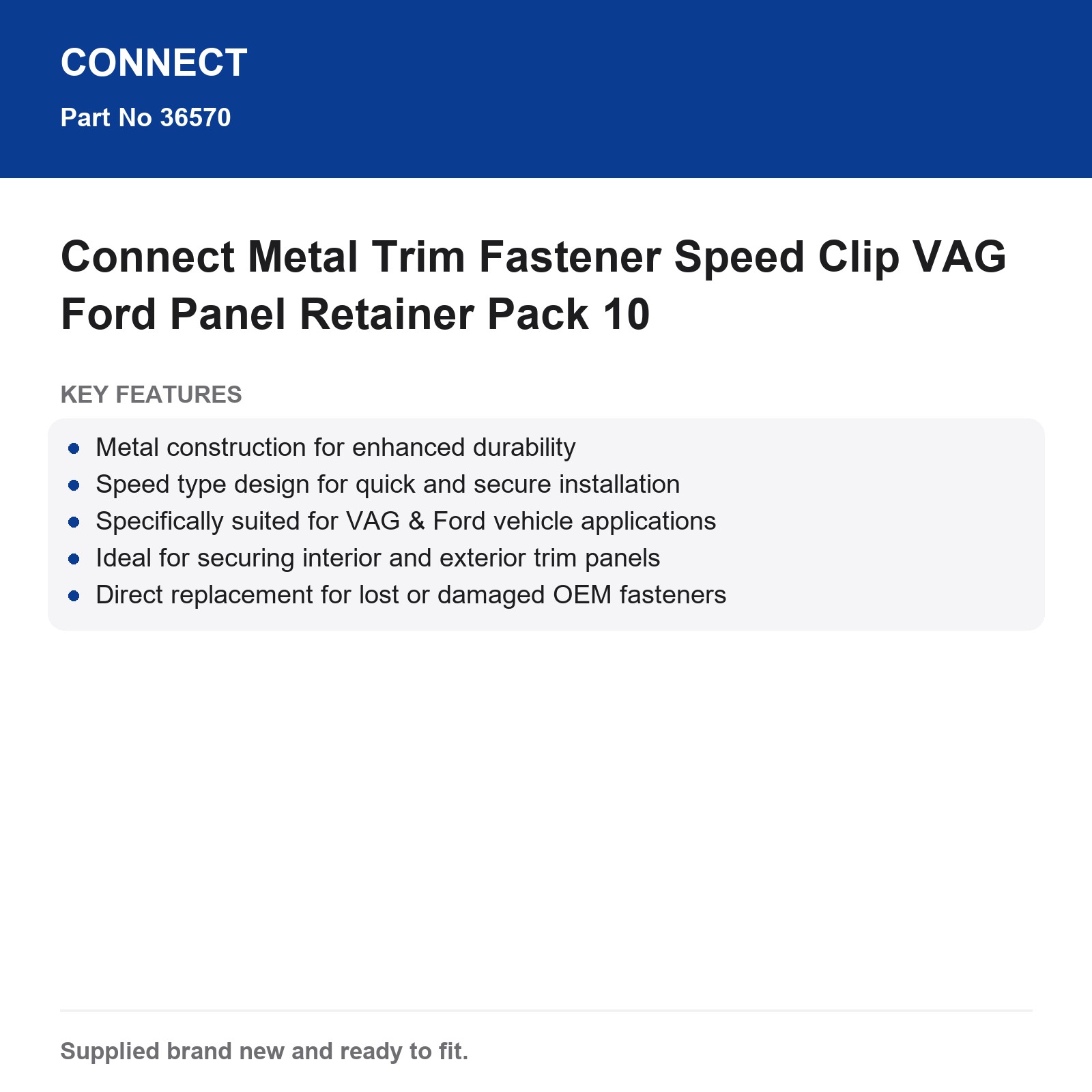 VAG Ford Metal Trim Fastener Speed Clip Connect Pack 10 - Image 3