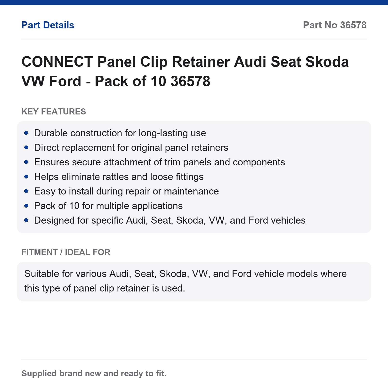 Panel Clip Retainer Audi VW Ford Skoda Seat CONNECT Pack of 10 36578 - Image 2