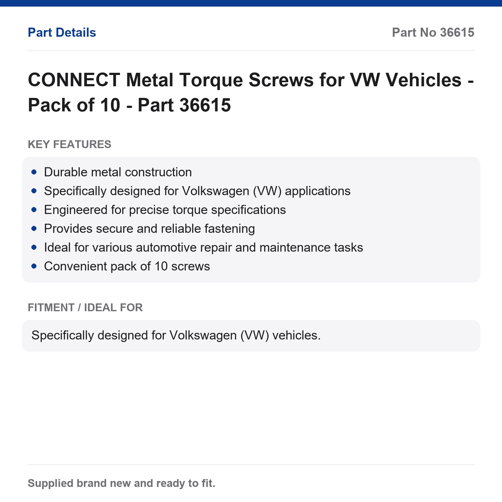 VW Metal Torque Screws CONNECT 36615 - Pack of 10 - Image 2
