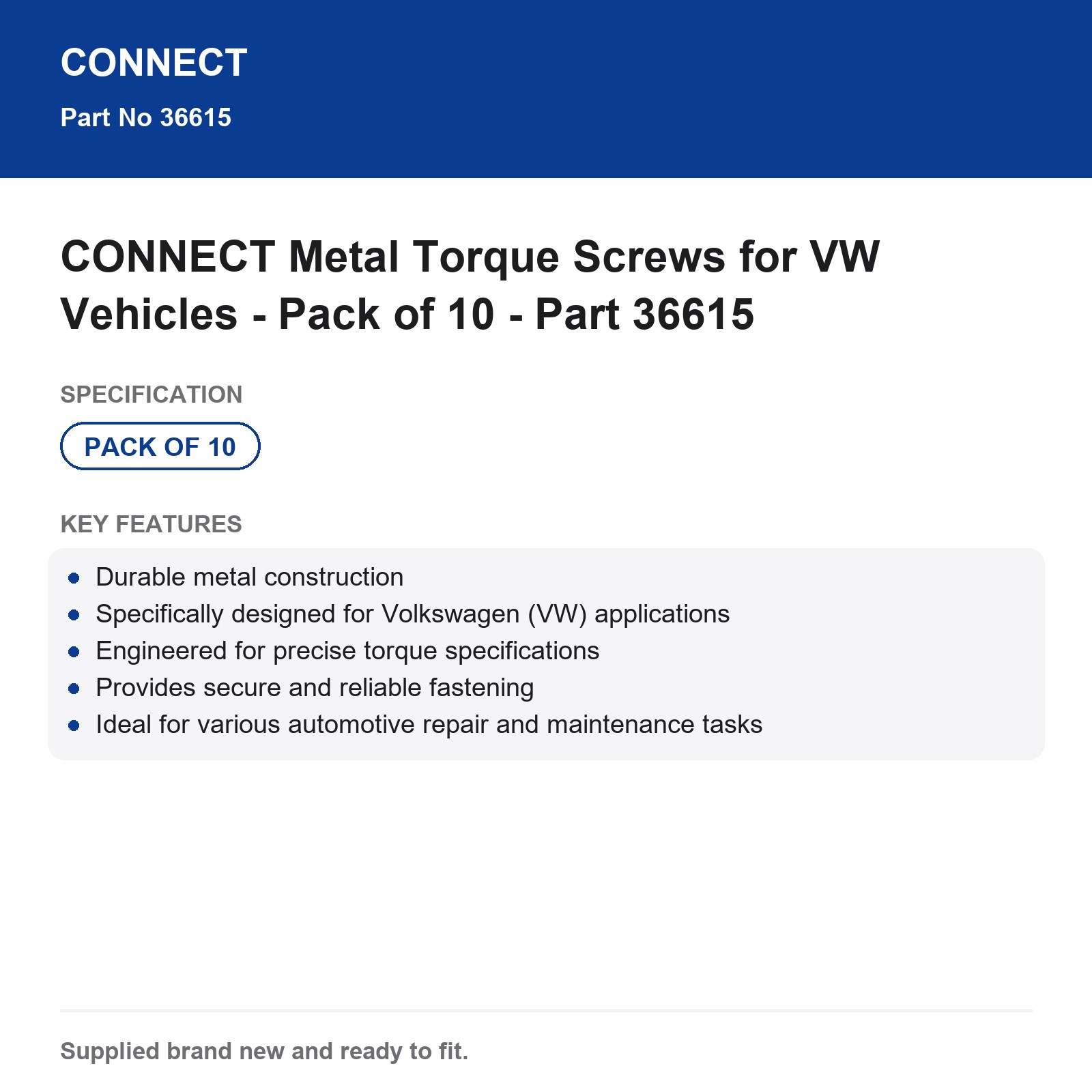 VW Metal Torque Screws CONNECT 36615 - Pack of 10 - Image 3