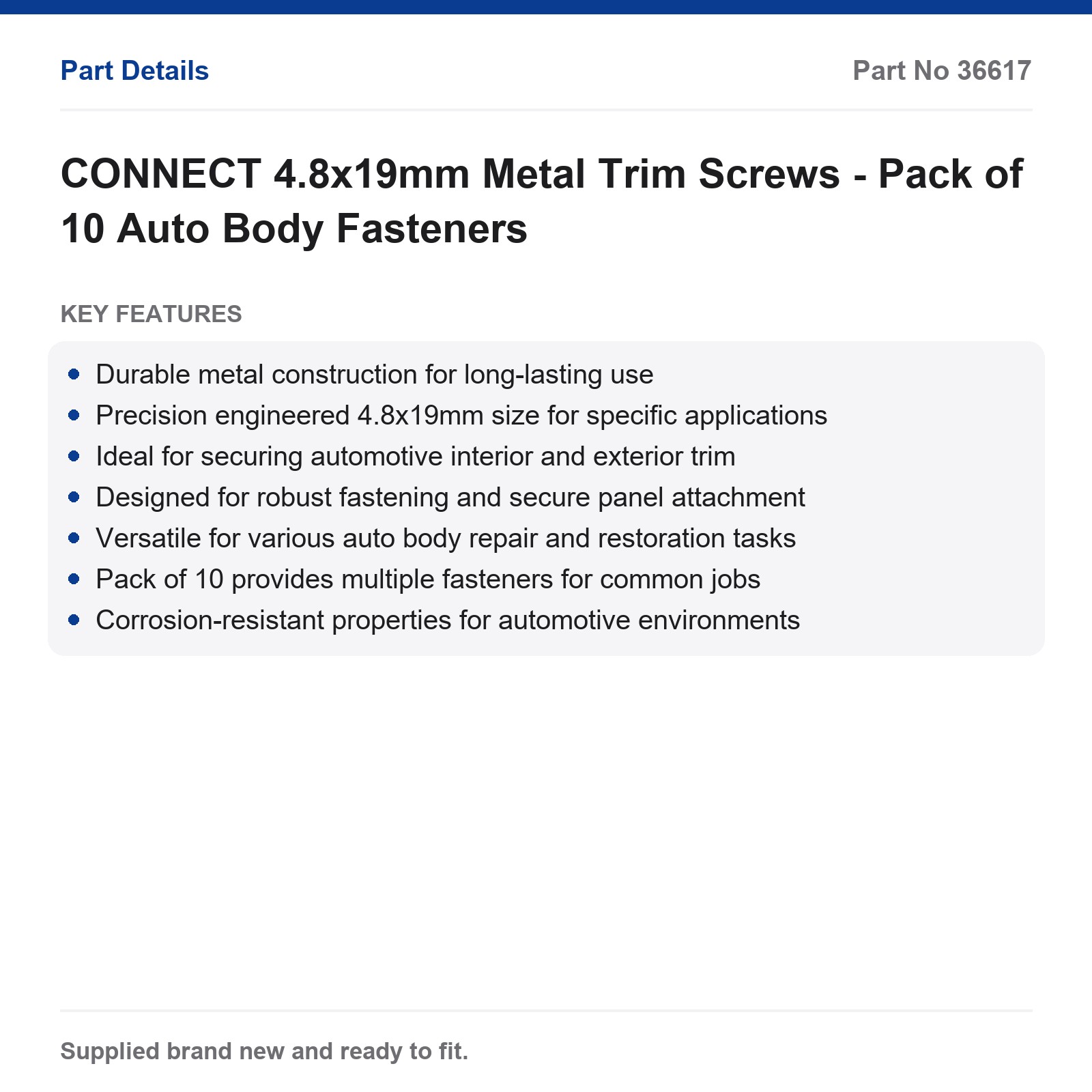 CONNECT 4.8x19mm Auto Body Metal Trim Screws 10 Pack - Image 2