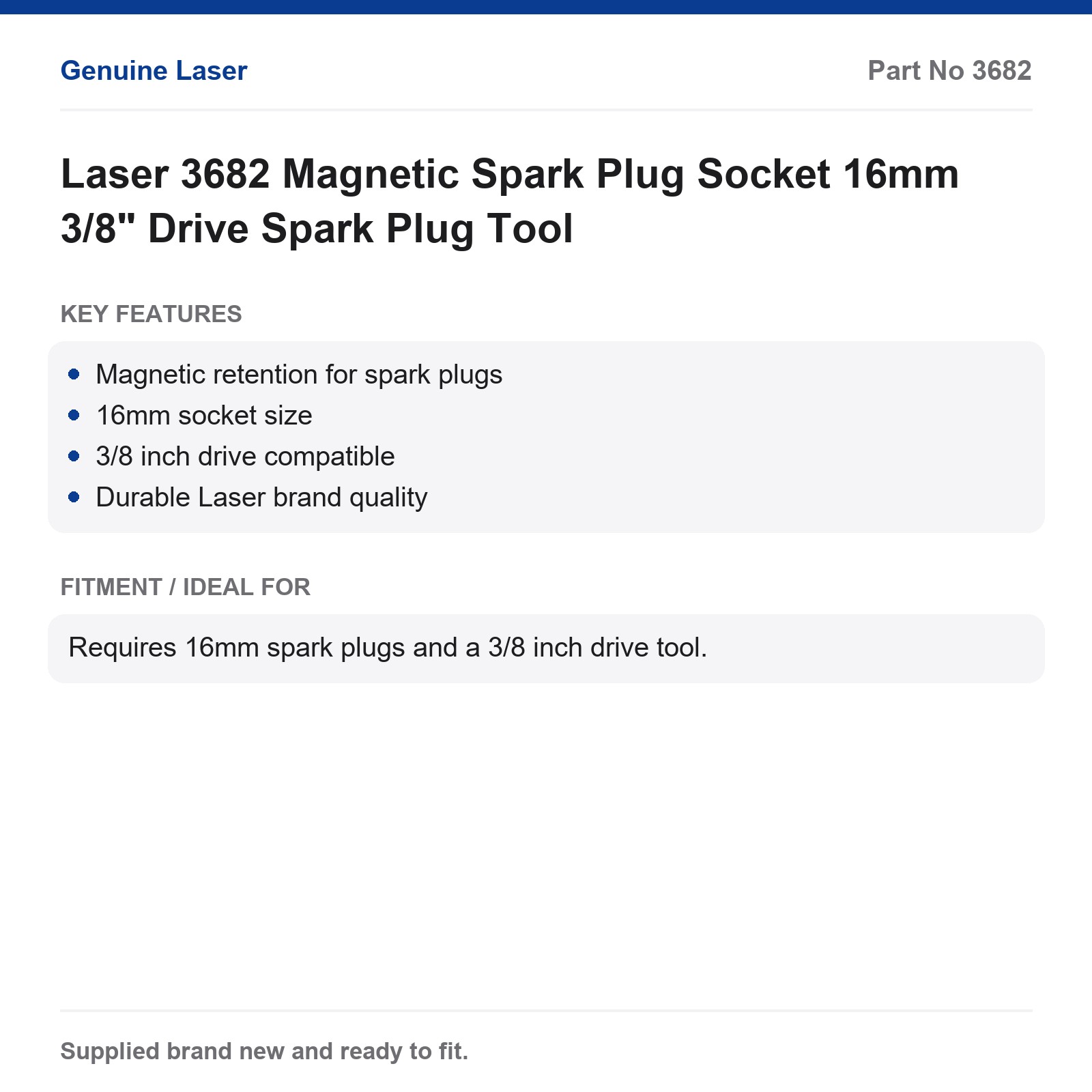 16mm Magnetic Spark Plug Socket 3/8" Drive Laser 3682 - Image 4