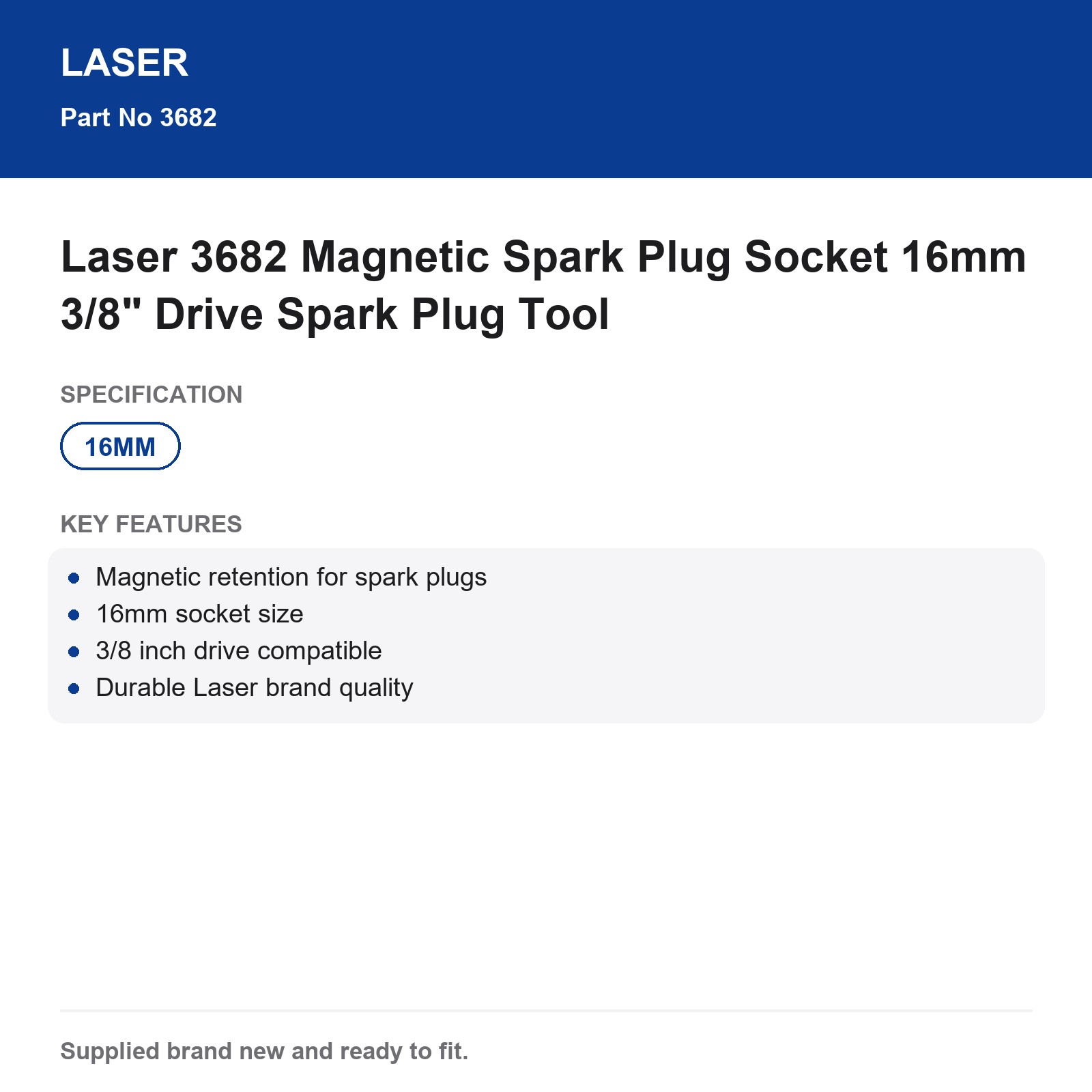 16mm Magnetic Spark Plug Socket 3/8" Drive Laser 3682 - Image 5