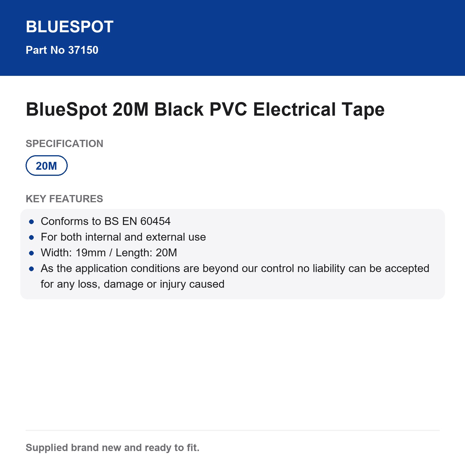 BlueSpot Black PVC Electrical Insulation Tape 19mm x 20M Int Ext BS EN 60454 - Image 3