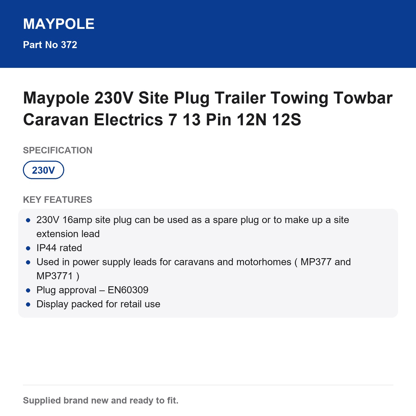 Maypole 230V 16A Site Plug Caravan Motorhome Hook Up IP44 - Image 5