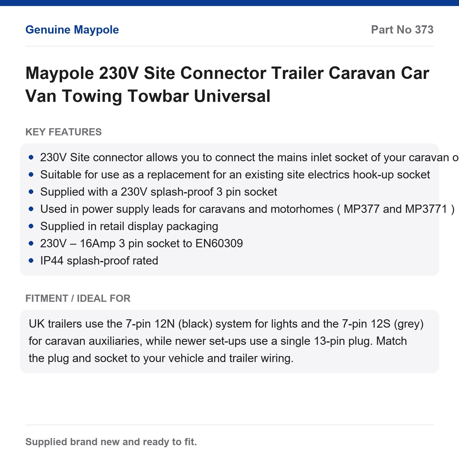 Maypole 230V 16A 3 Pin Site Connector Caravan Trailer Motorhome IP44 Hook Up - Image 4