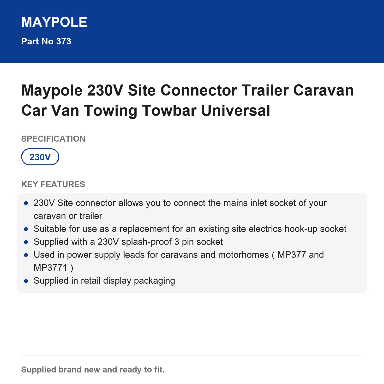 Maypole 230V 16A 3 Pin Site Connector Caravan Trailer Motorhome IP44 Hook Up - Image 5
