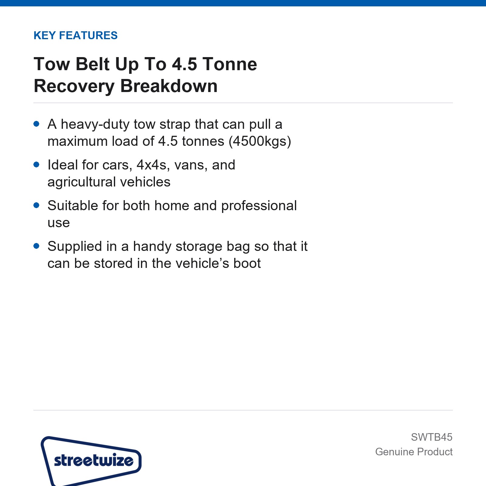4.5 Tonne Tow Strap Recovery Car Van 4x4 Breakdown Streetwize - Image 4