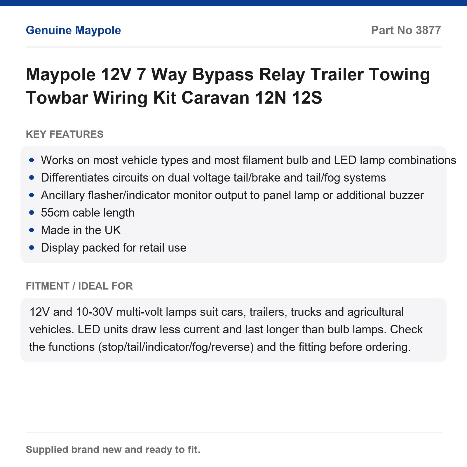 Maypole 12V 7 Way Bypass Relay Trailer Towing Towbar Wiring Kit Caravan 12N 12S - Image 5