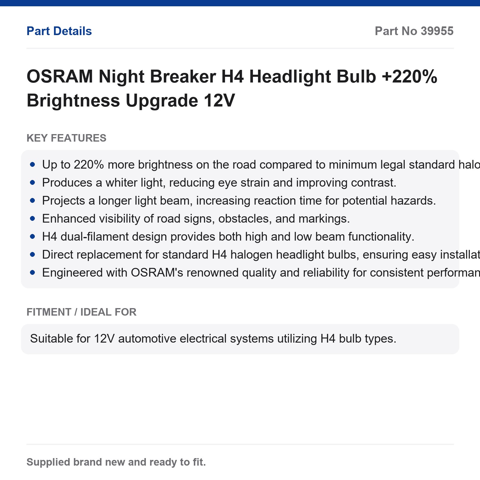 OSRAM Night Breaker H4 Headlight Bulb +220% Brightness Upgrade 12V - Image 2