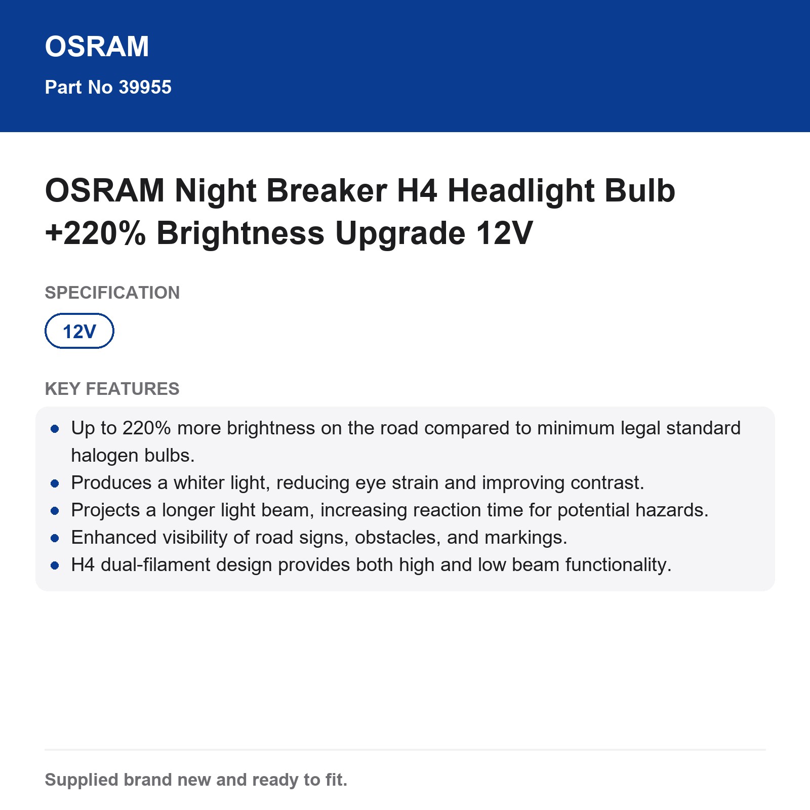 OSRAM Night Breaker H4 Headlight Bulb +220% Brightness Upgrade 12V - Image 3
