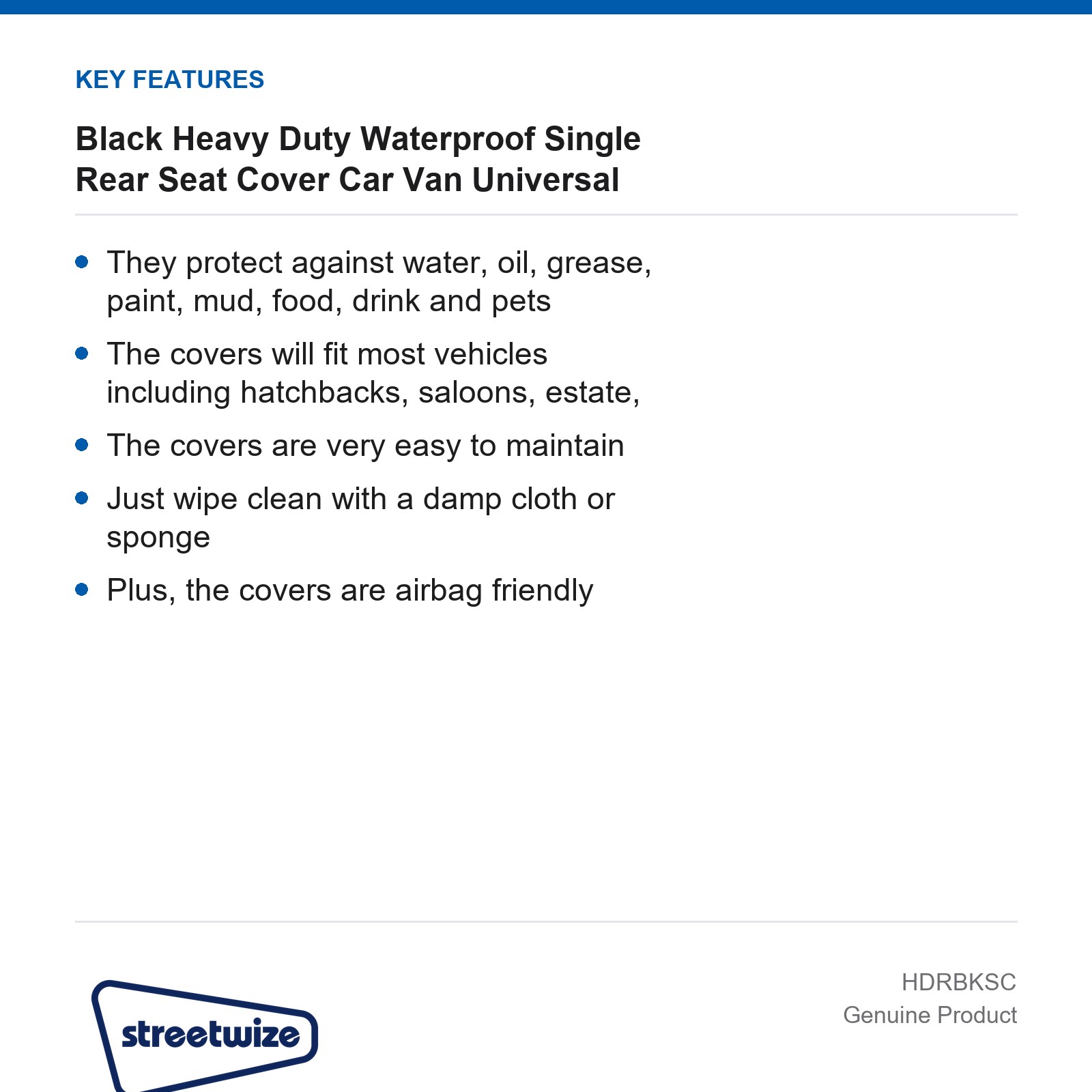 Streetwize Waterproof Single Rear Seat Cover Heavy Duty Black Car Van Universal - Image 4