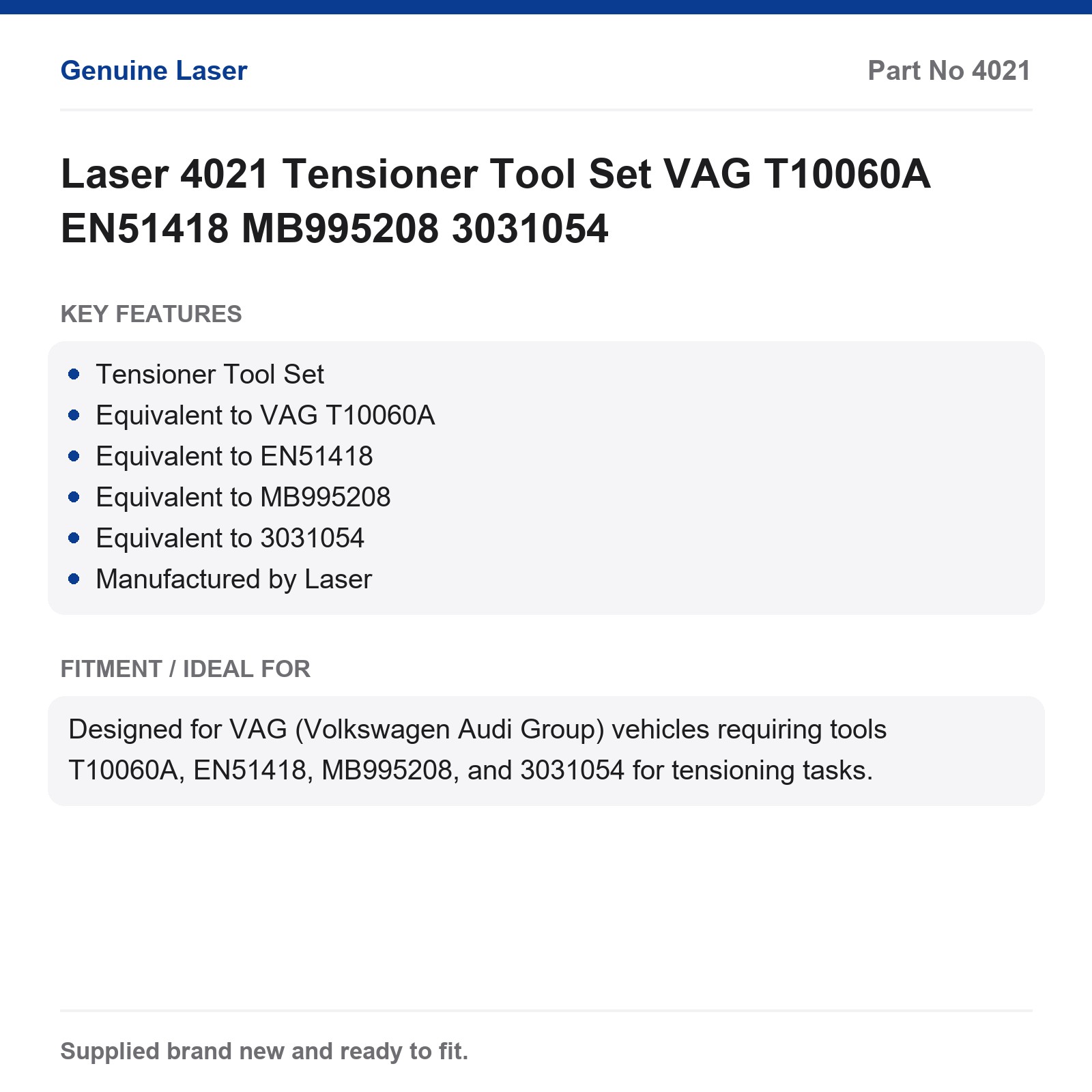 Laser 4021 Tensioner Tool Set VAG T10060A EN51418 MB995208 3031054 - Image 3