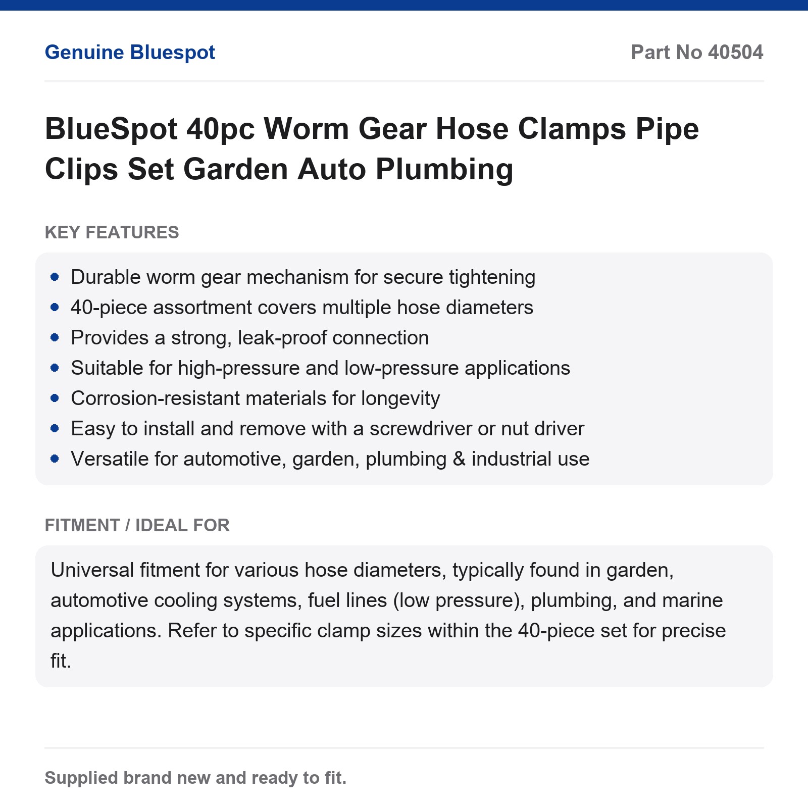 BlueSpot 40pc Worm Gear Hose Clamps Pipe Clips Set Garden Auto Plumbing - Image 2
