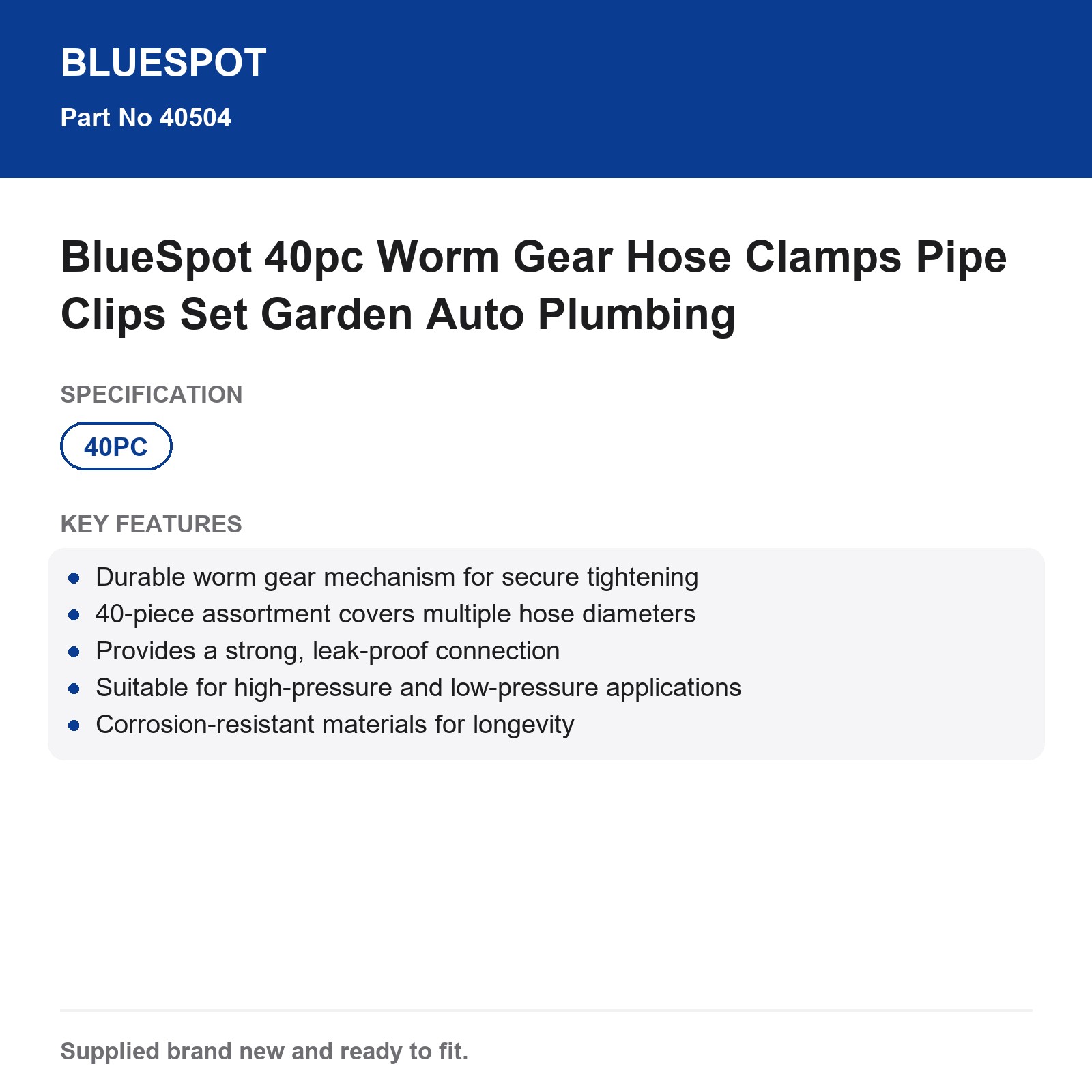 BlueSpot 40pc Worm Gear Hose Clamps Pipe Clips Set Garden Auto Plumbing - Image 3