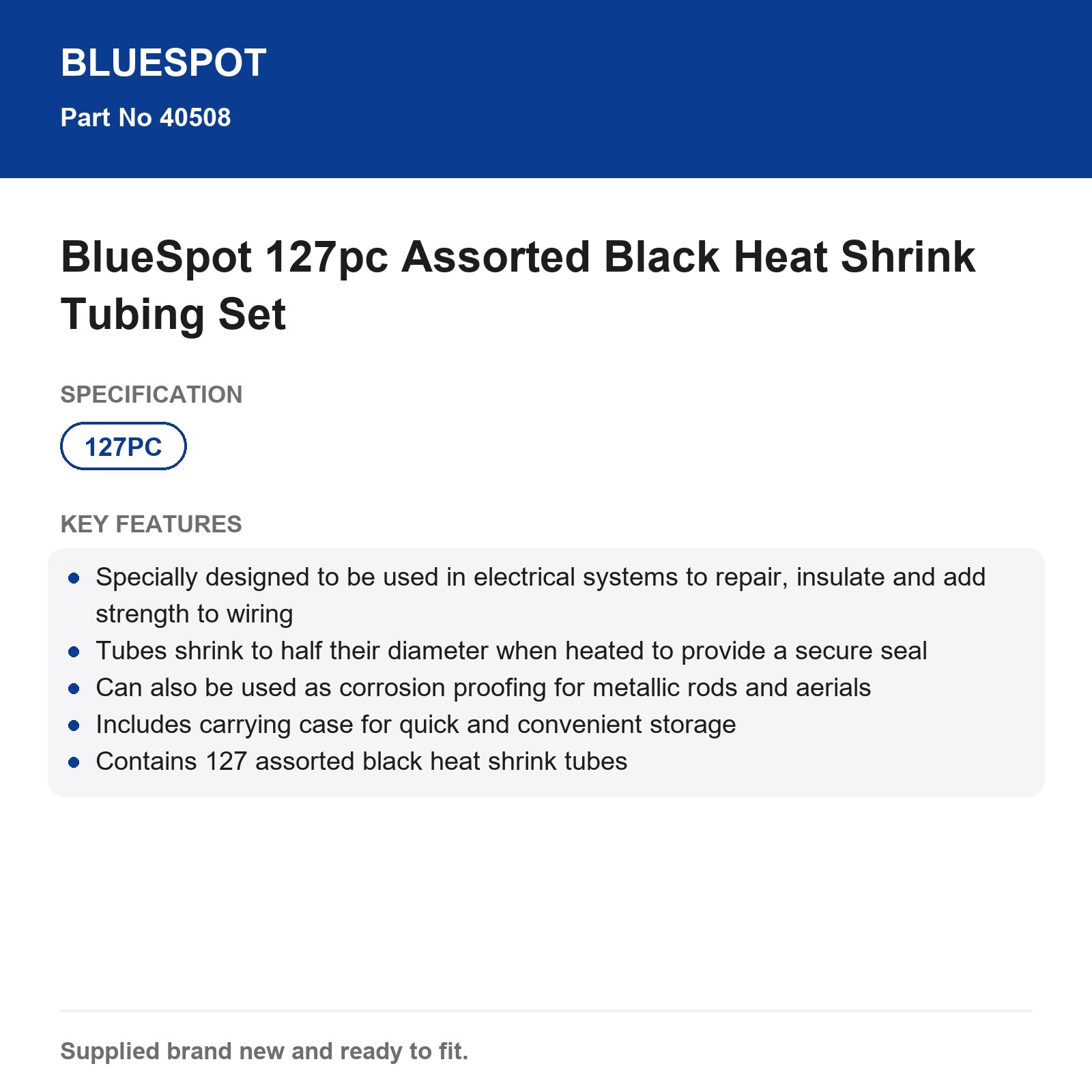 BlueSpot Heat Shrink Tubing 127pc Assorted Black - Image 3