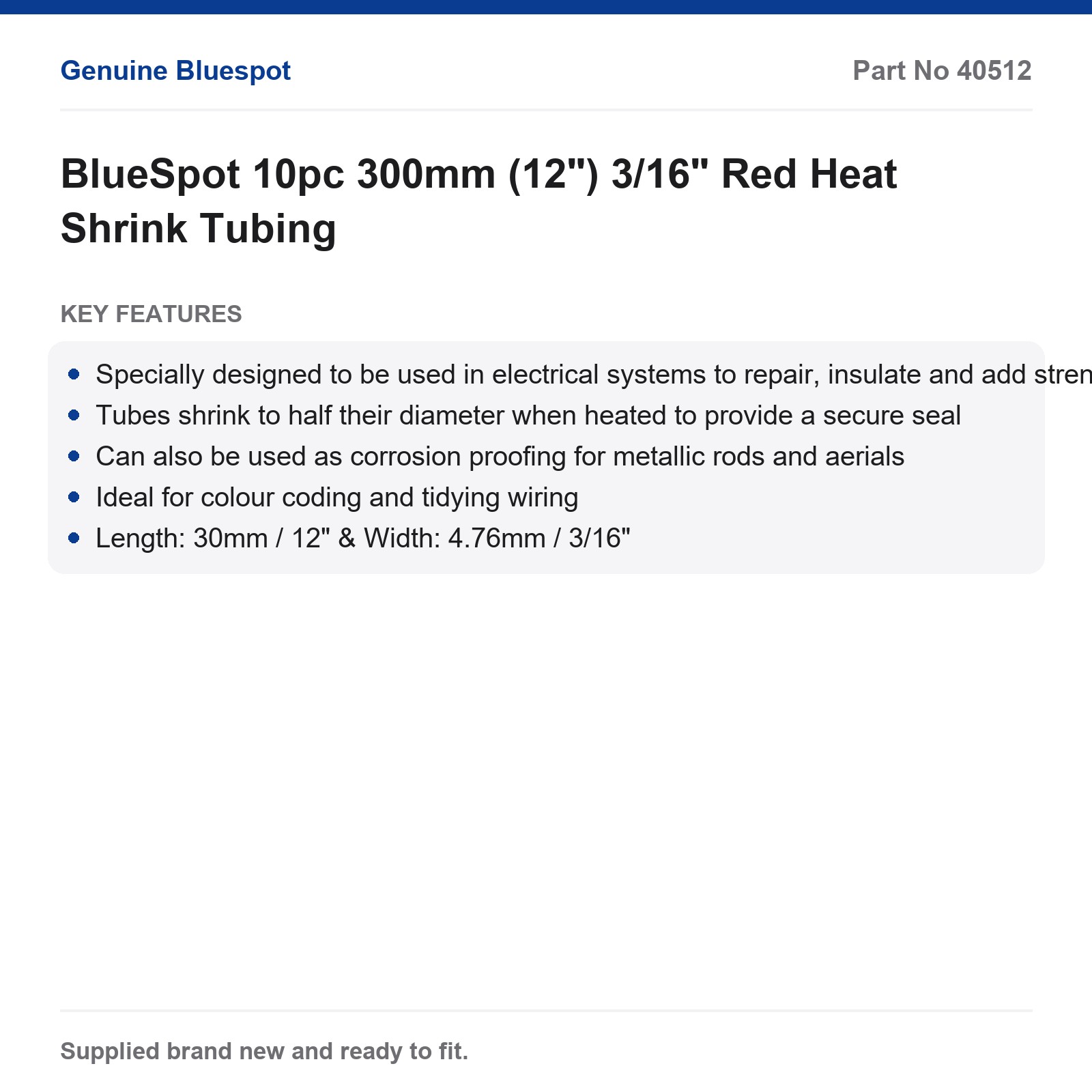 Heat Shrink Tubing Red 3/16" 12" (300mm) BlueSpot 10pc - Image 3