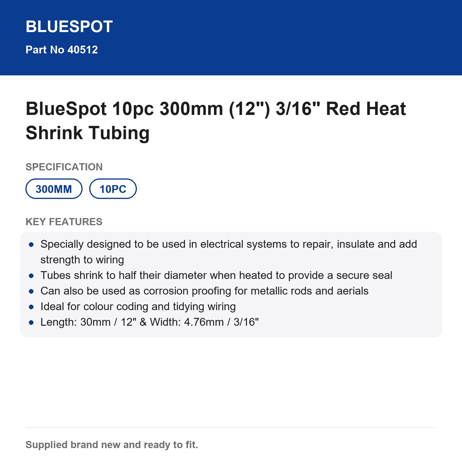Heat Shrink Tubing Red 3/16" 12" (300mm) BlueSpot 10pc - Image 4