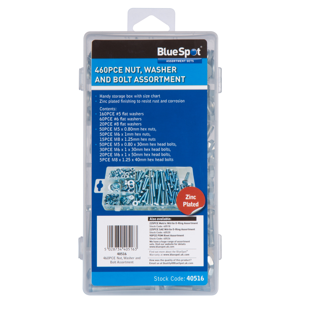 BlueSpot 460pc Zinc Plated Assorted Nut Washer Bolt Set Rust-Resistant Case