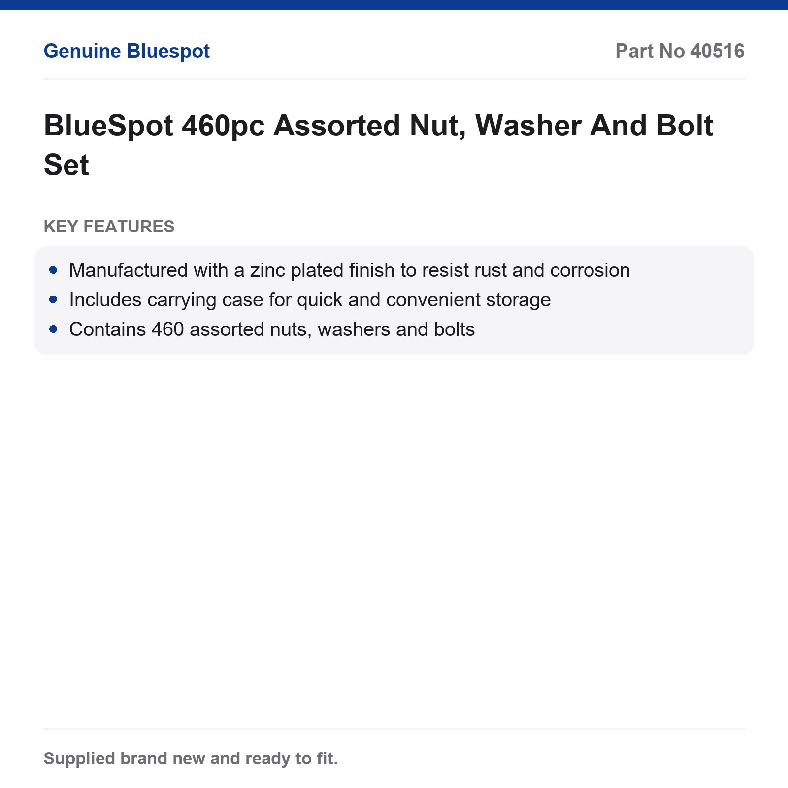 BlueSpot 460pc Zinc Plated Assorted Nut Washer Bolt Set Rust-Resistant Case - Image 3