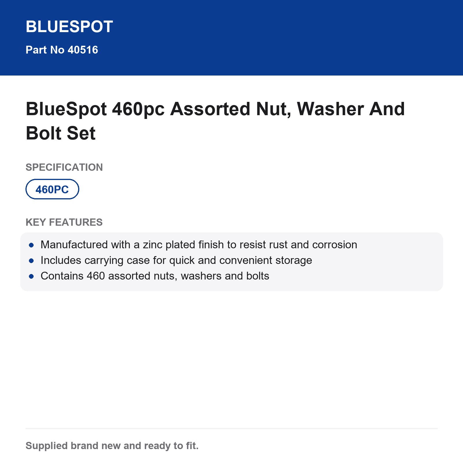 BlueSpot 460pc Zinc Plated Assorted Nut Washer Bolt Set Rust-Resistant Case - Image 4